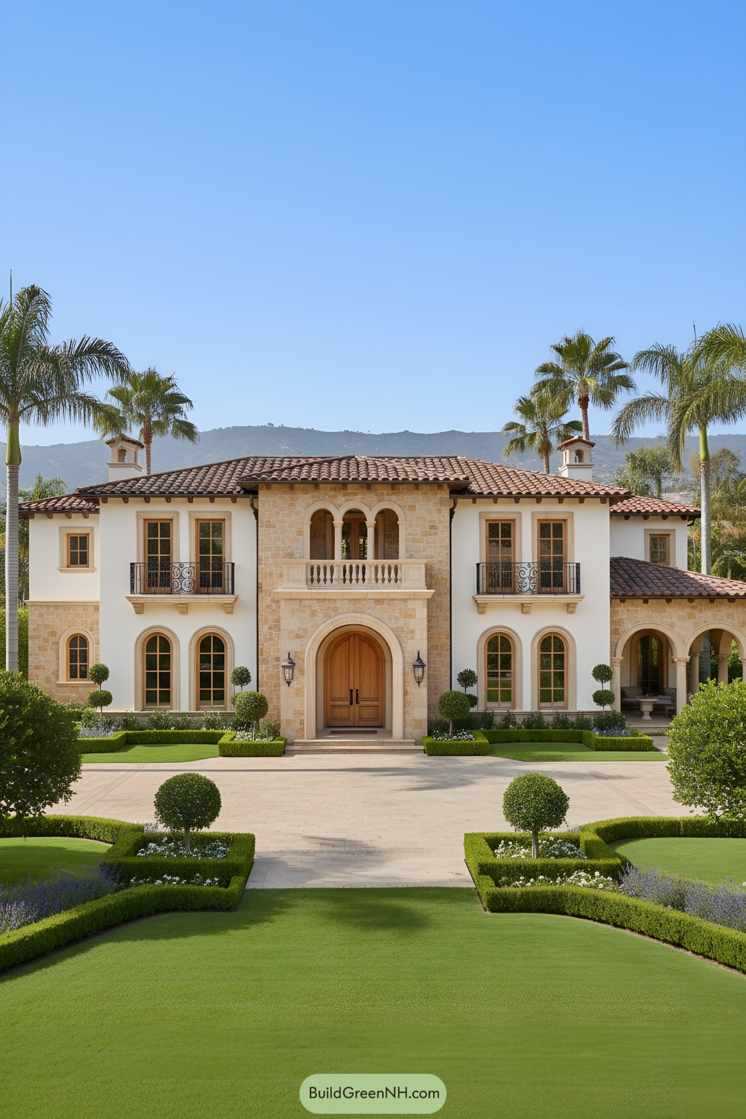 Luxurious villa surrounded by palm trees and manicured gardens