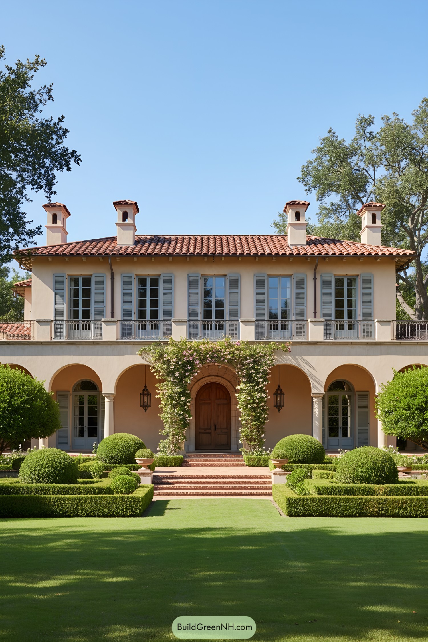 Elegant Mediterranean villa with arched entry and lush greenery