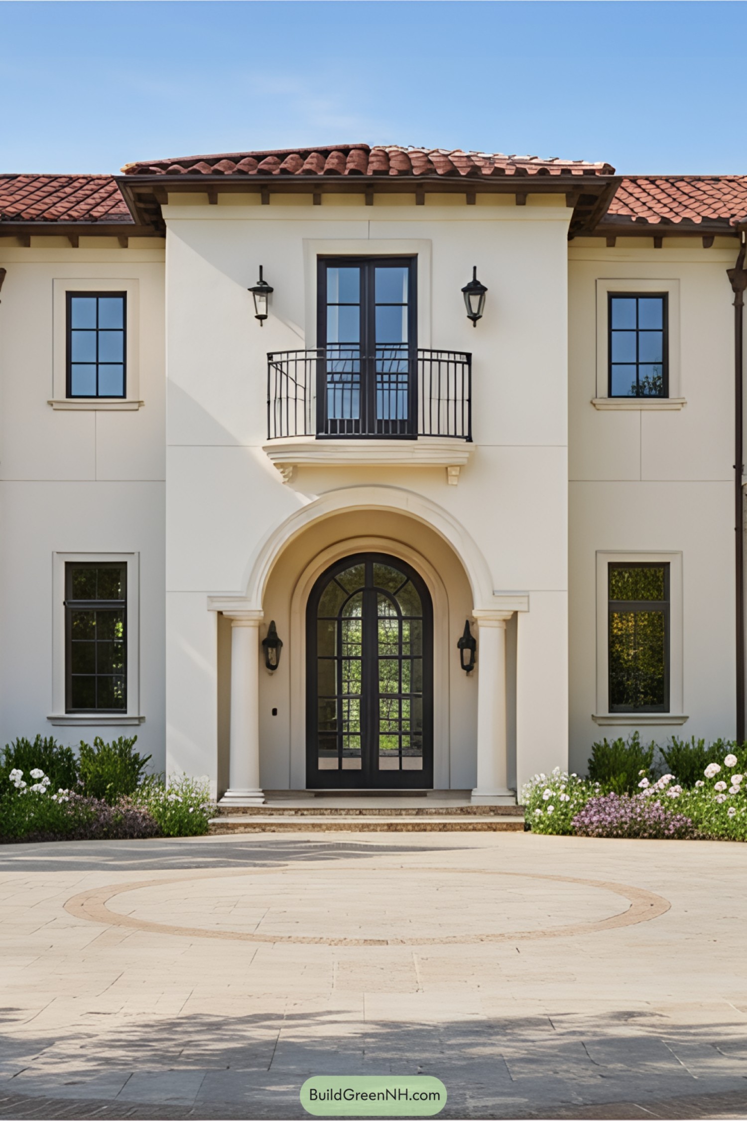 Front entrance of a Mediterranean-style mansion with arched door