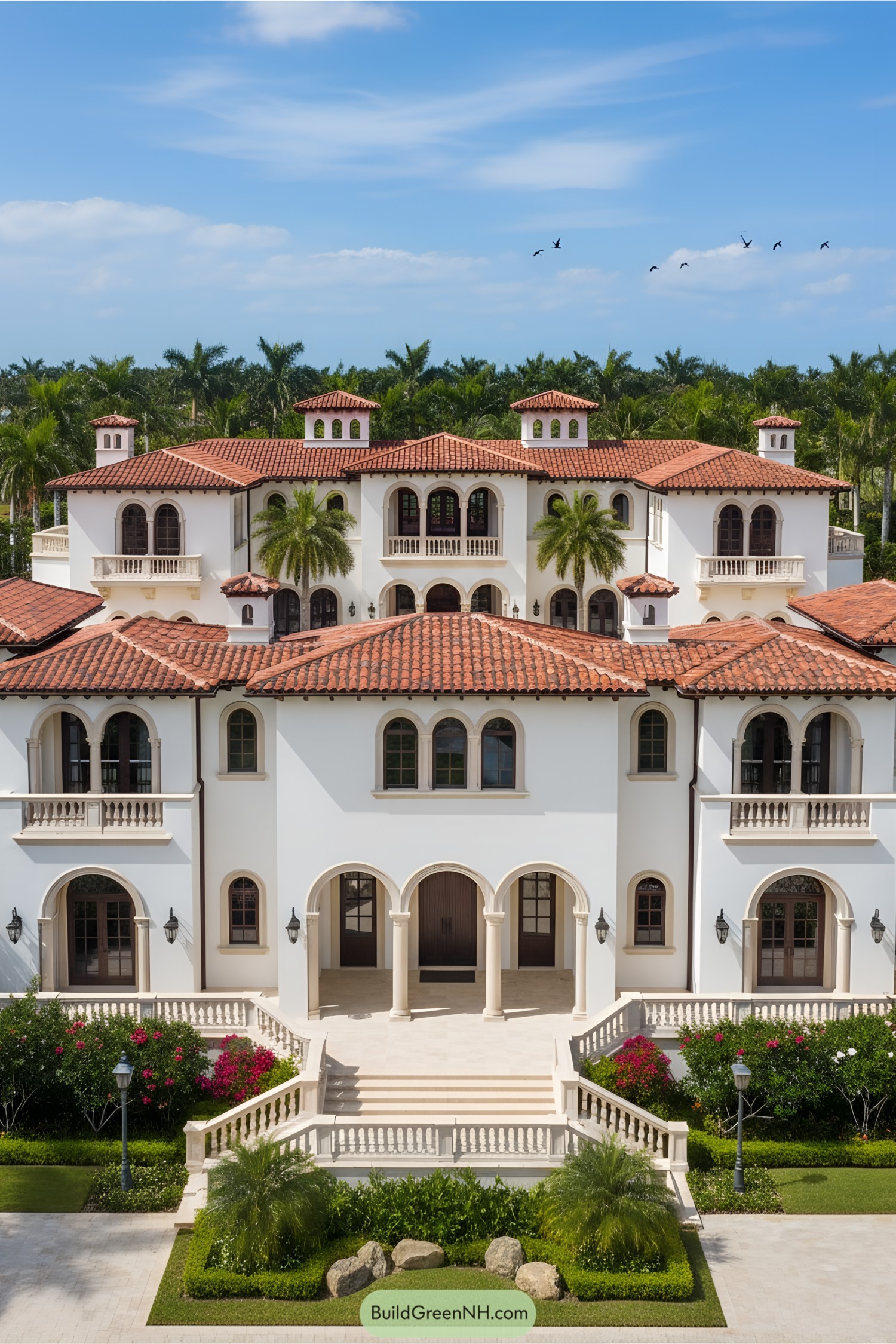 Grand mansion with red-tiled roof surrounded by lush greenery