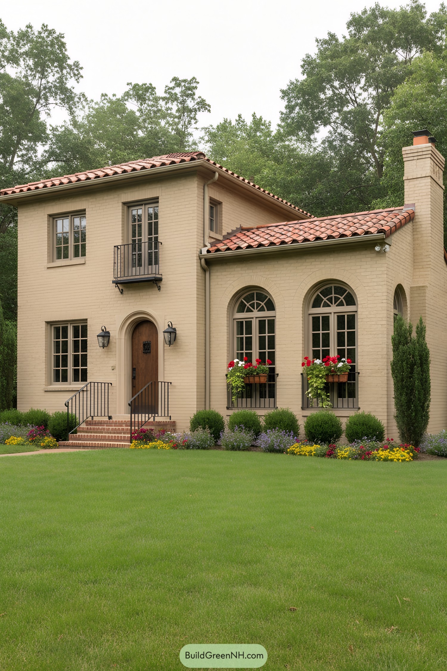 Two-story cream brick villa with red tile roof, arched windows, and wrought-iron accents