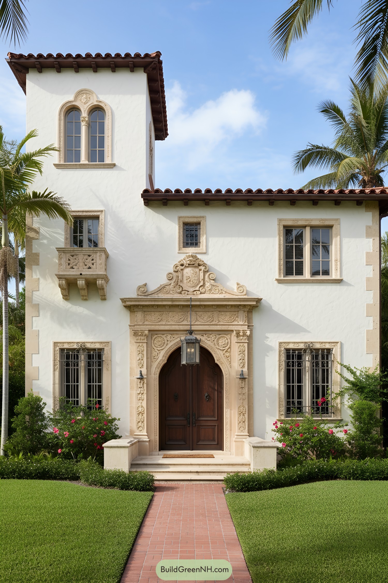 Stucco villa with ornate stone entry and tower