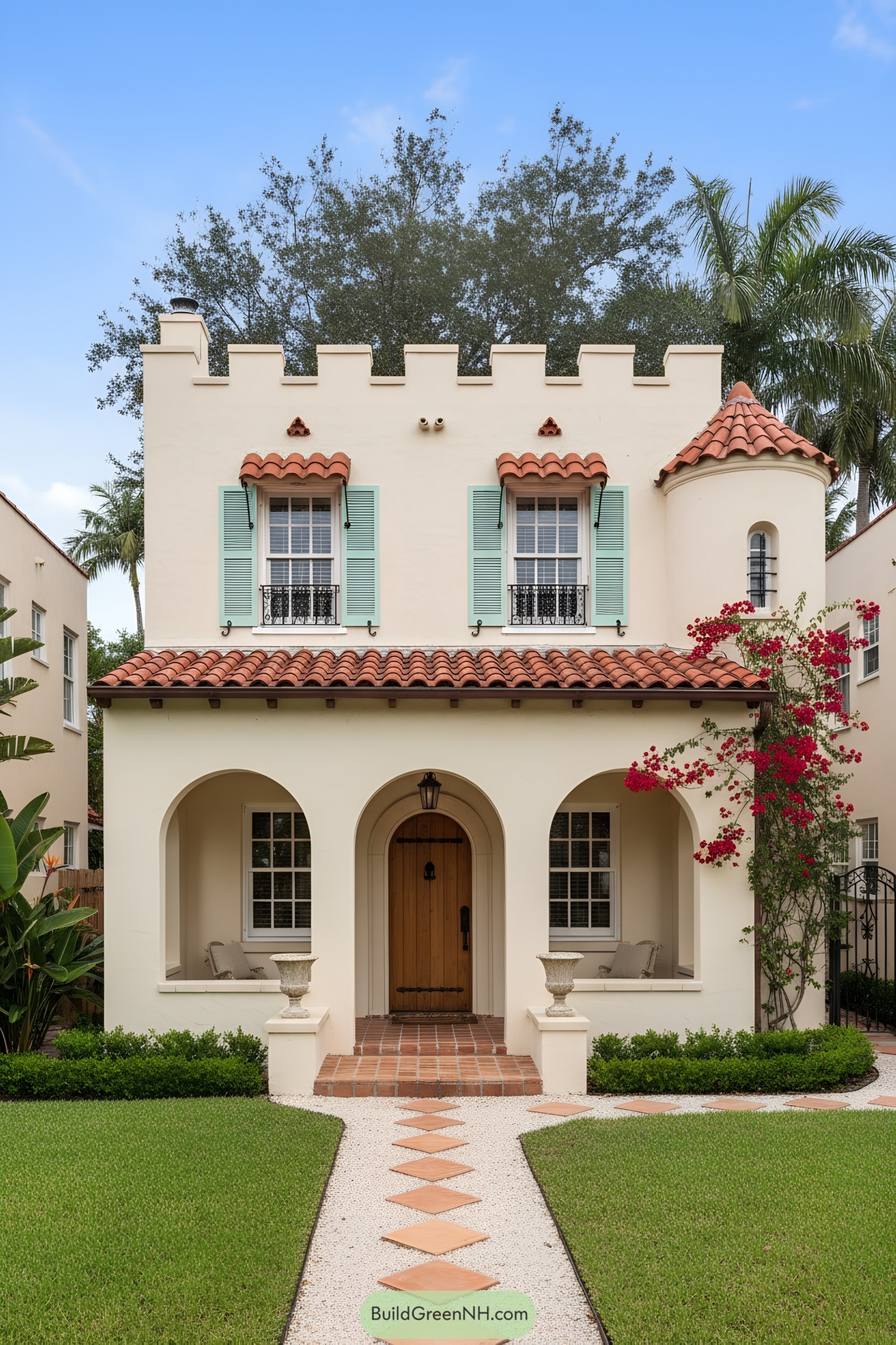 Cream stucco casa with red tile roof, mint shutters, arched porch, and round turret