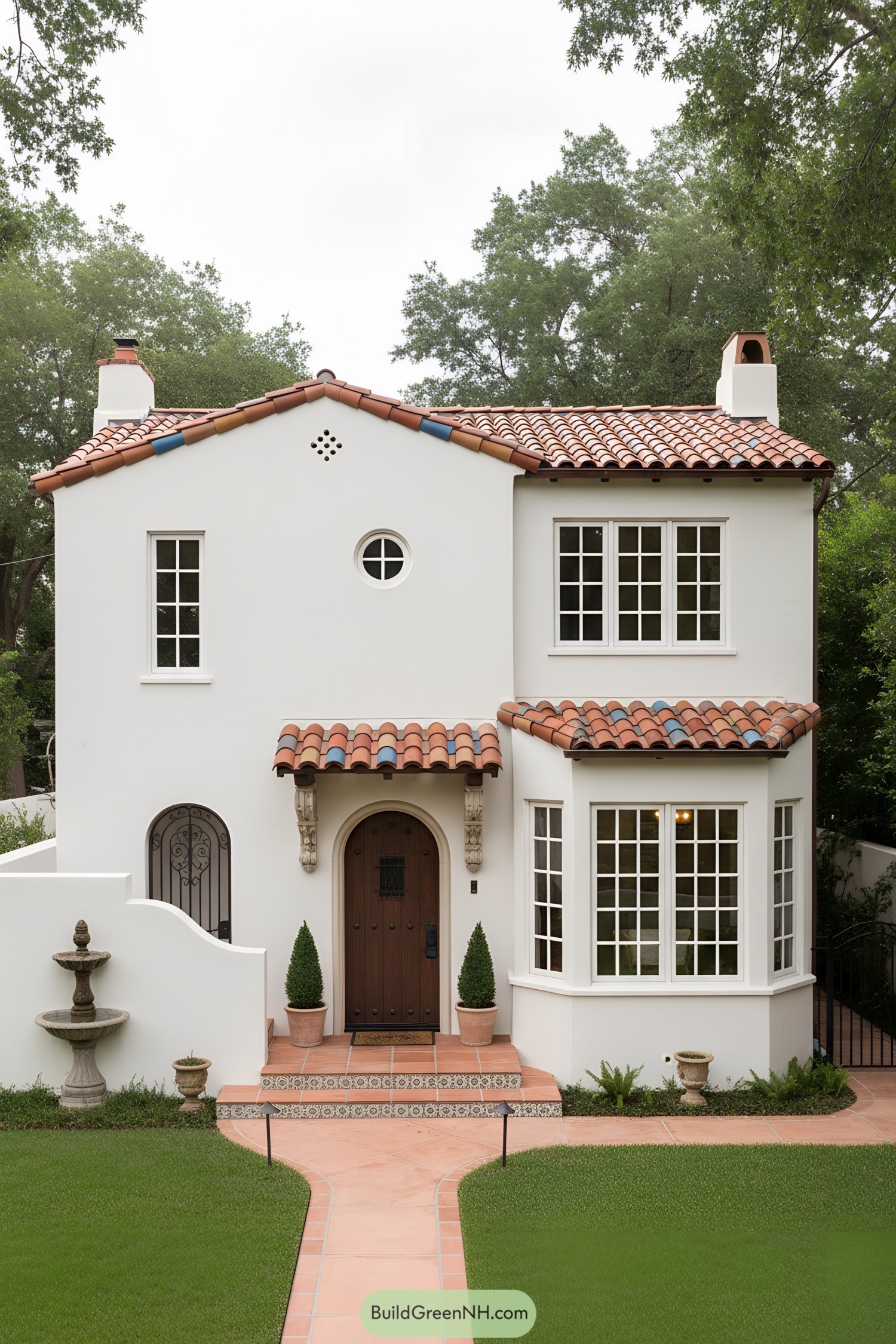 White stucco villa with red tile roof, arched door, and bay windows