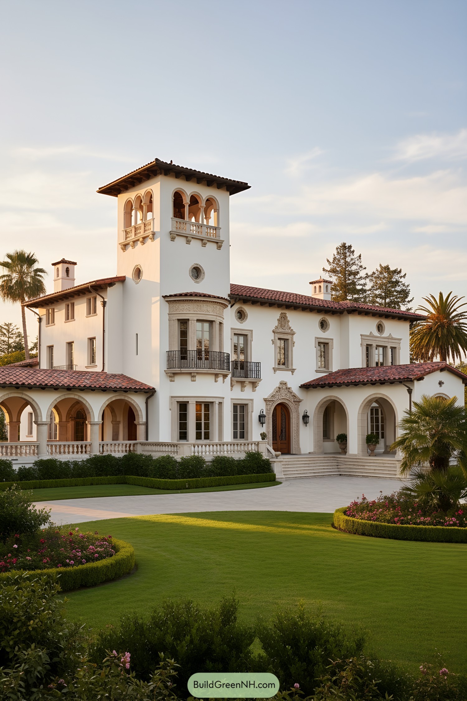 White stucco villa with red tile roofs and an arched tower overlooking formal gardens