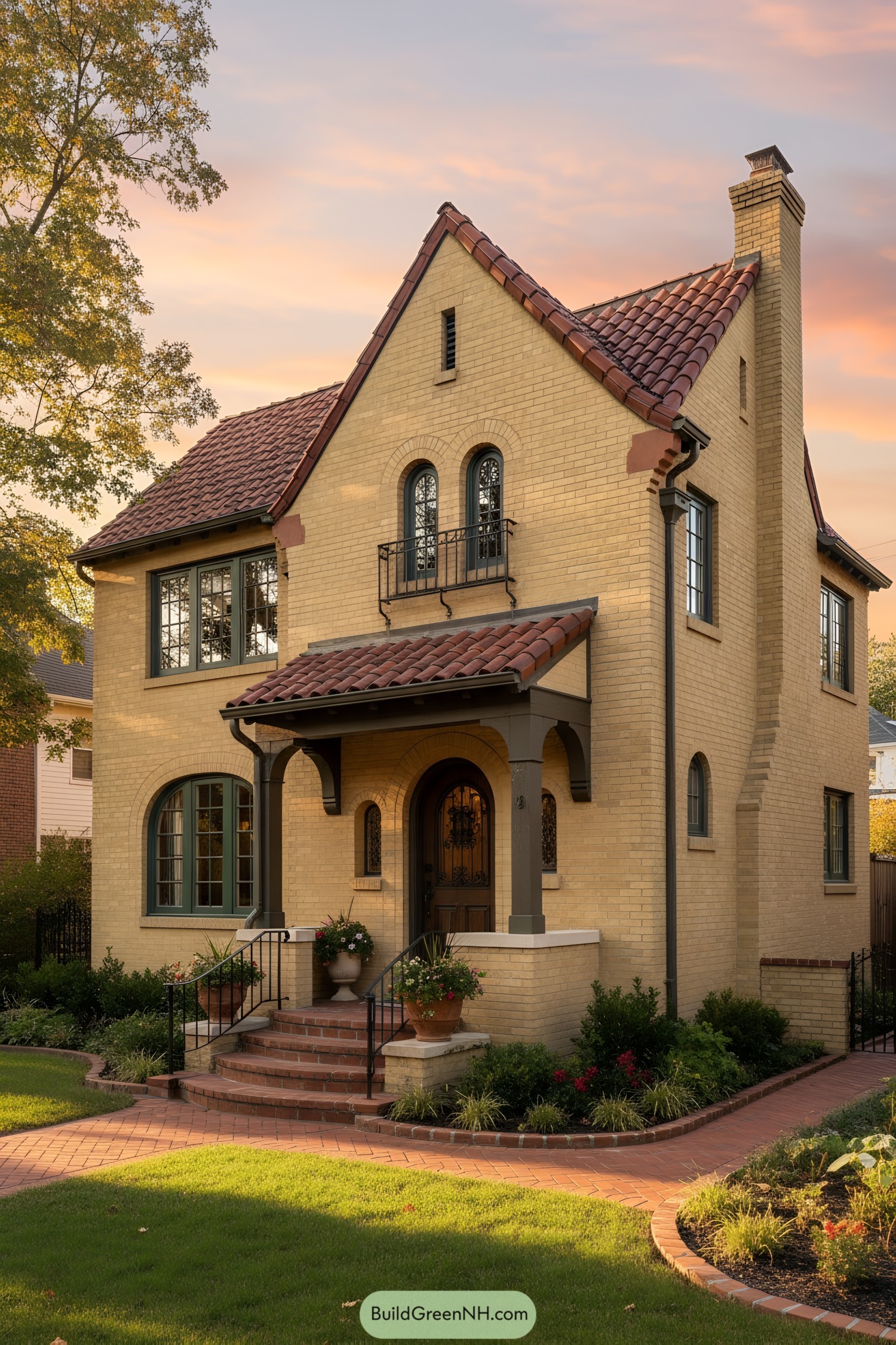 Warm stucco home with red tile roof and arched windows