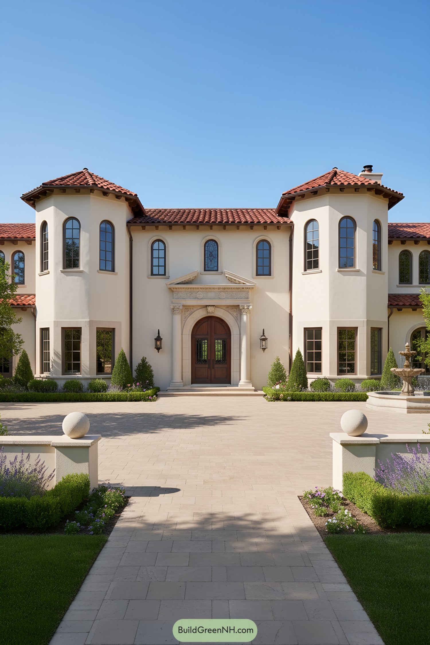Stucco villa with red-tile roofs and twin turrets