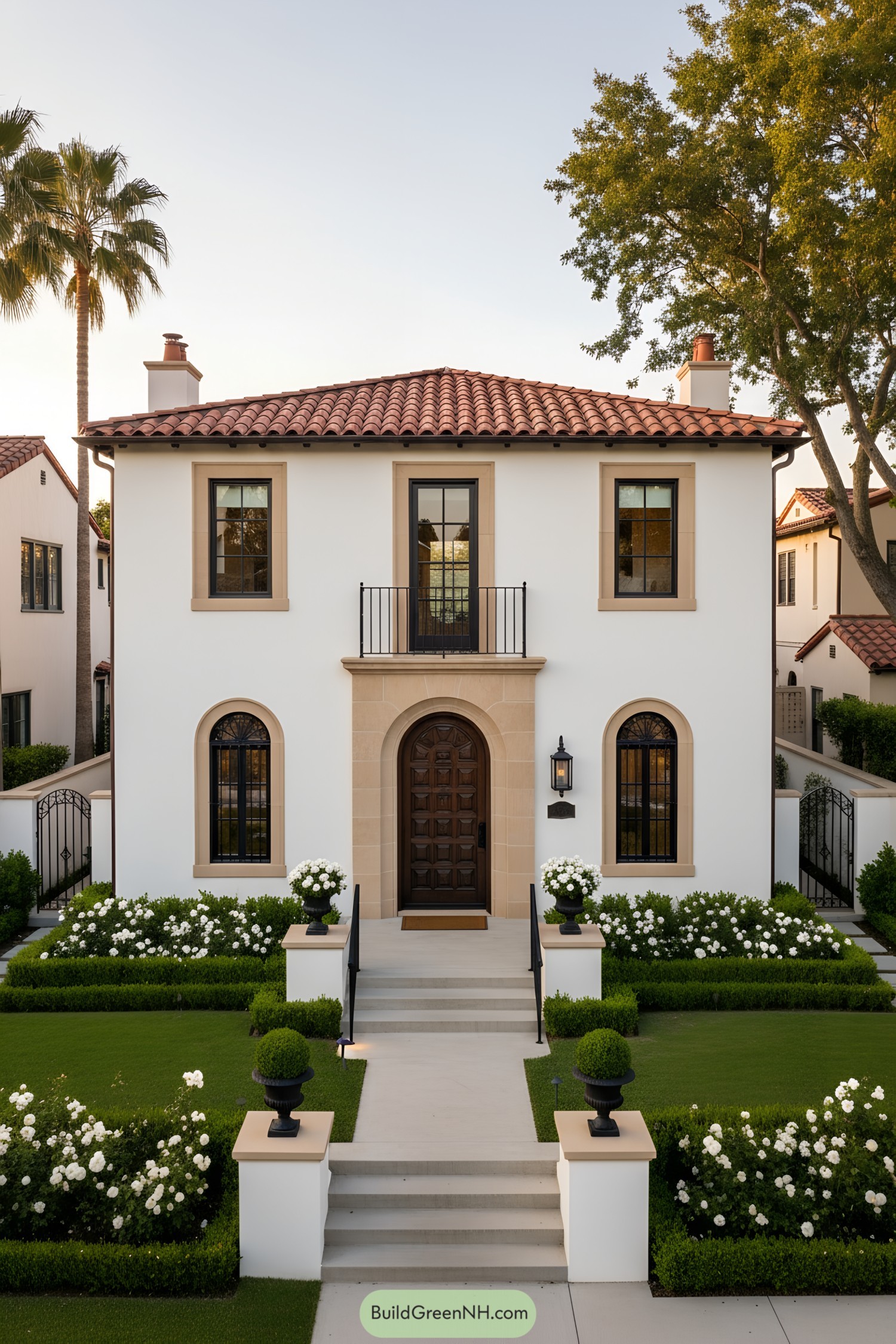 White stucco villa with red tile roof and arched wood door framed by manicured hedges and roses