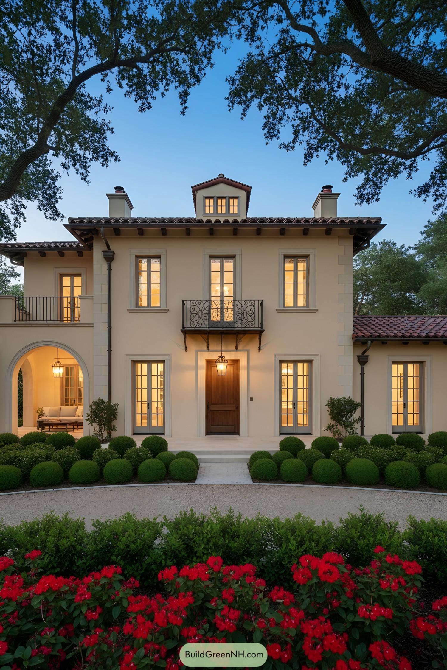 Sunlit stucco villa with tile roof and iron balcony