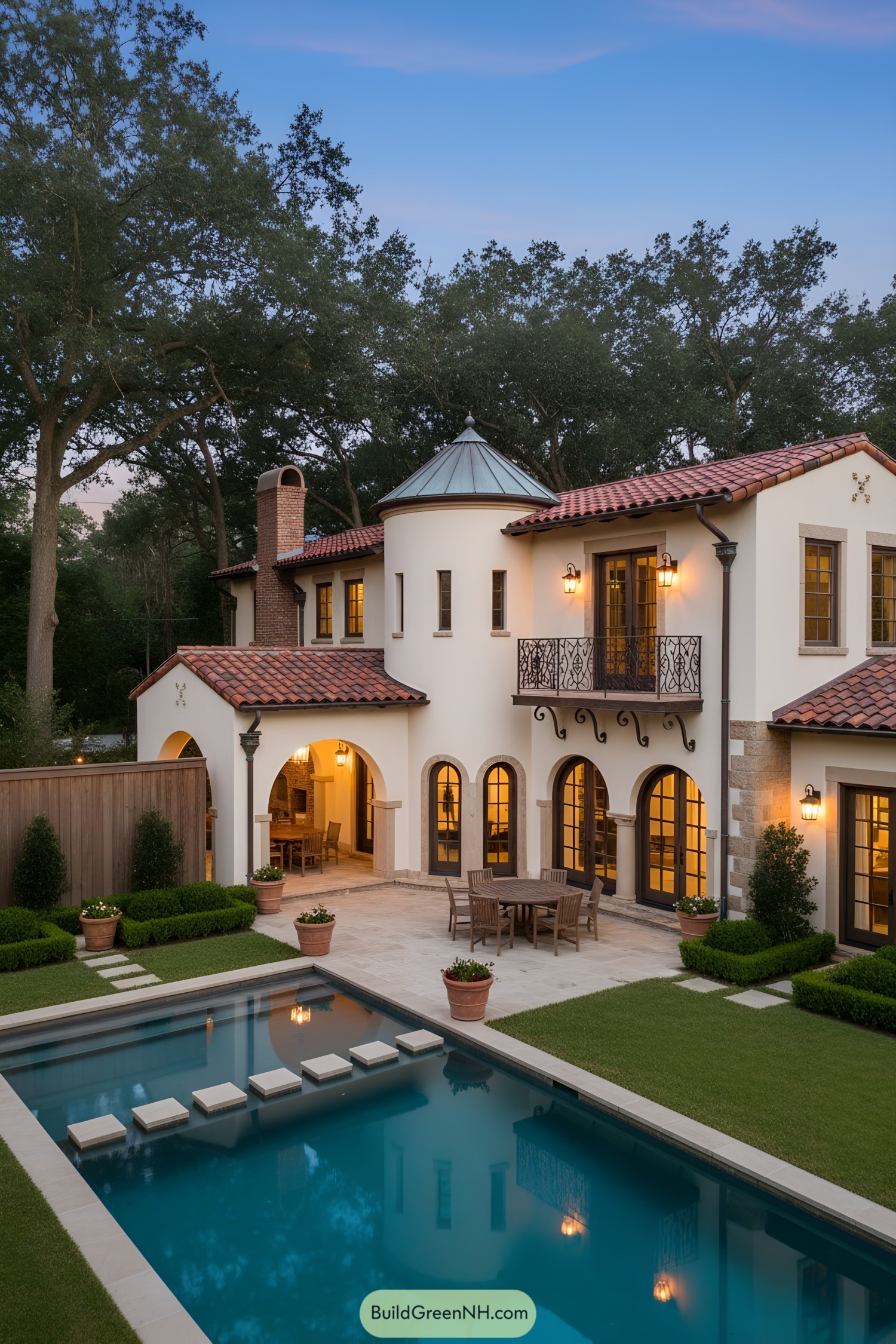 Two-story stucco villa with red tile roof, arched doors, wrought-iron balcony, and courtyard pool