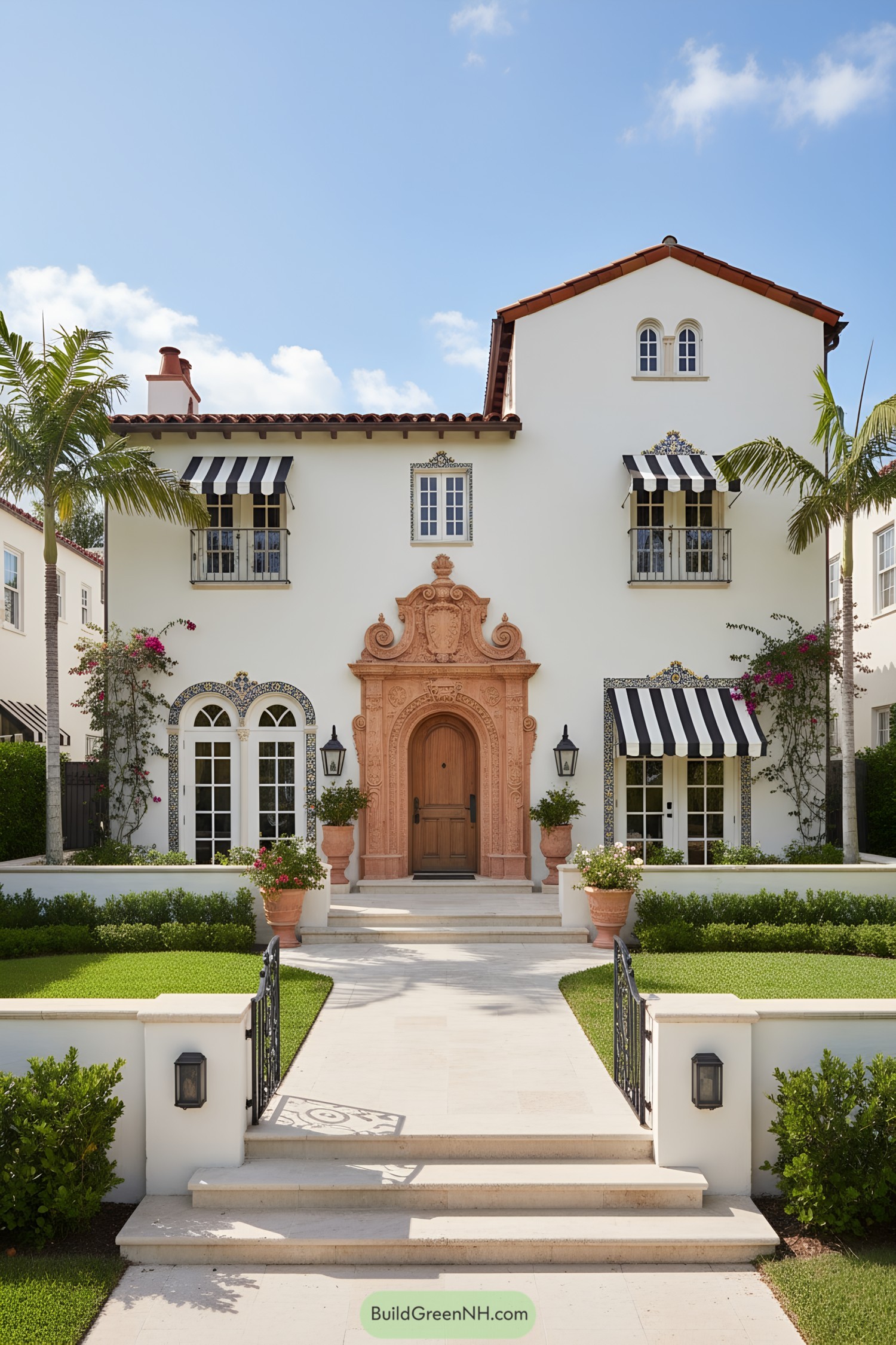 Mediterranean revival house with ornate terracotta entry and black‑and‑white awnings