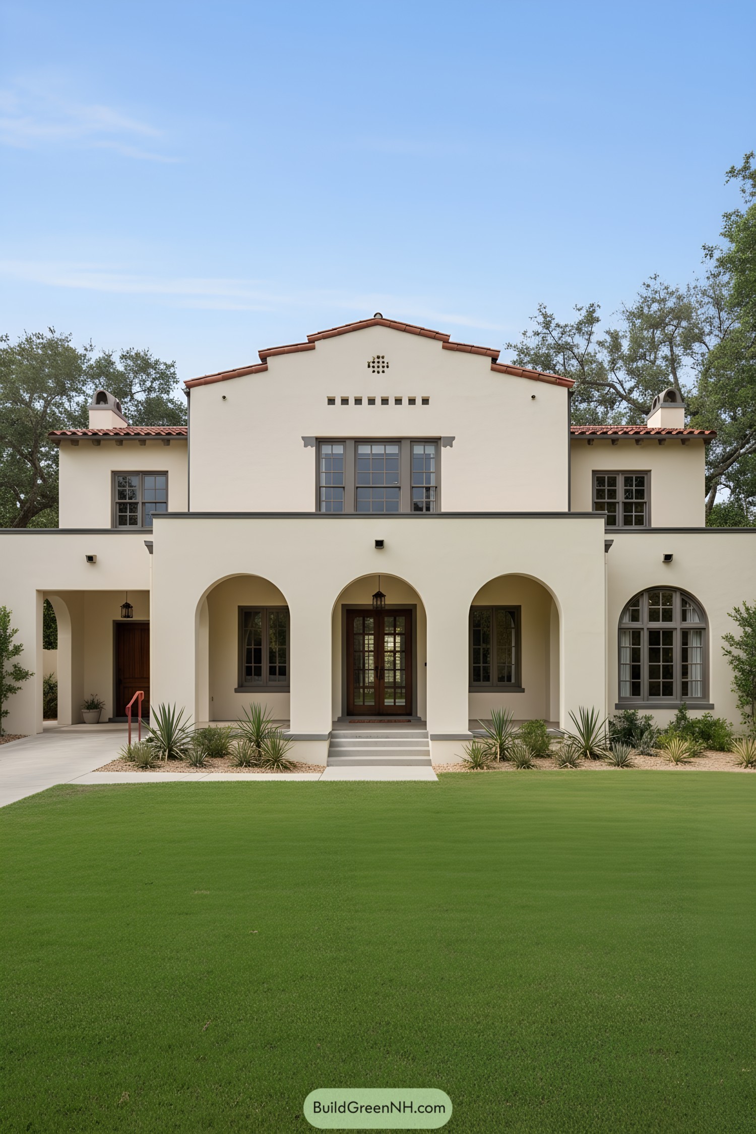 Stucco villa with arched loggia and terracotta roof