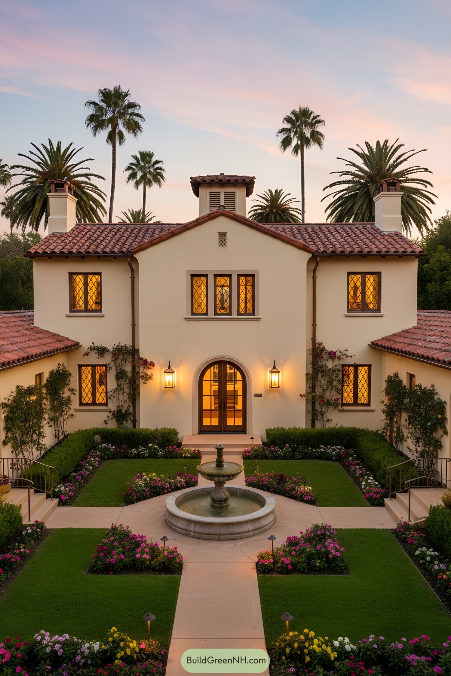 Two-story Mediterranean revival house with red tile roof, arched entry, and central courtyard fountain framed by manicured lawns and flower beds