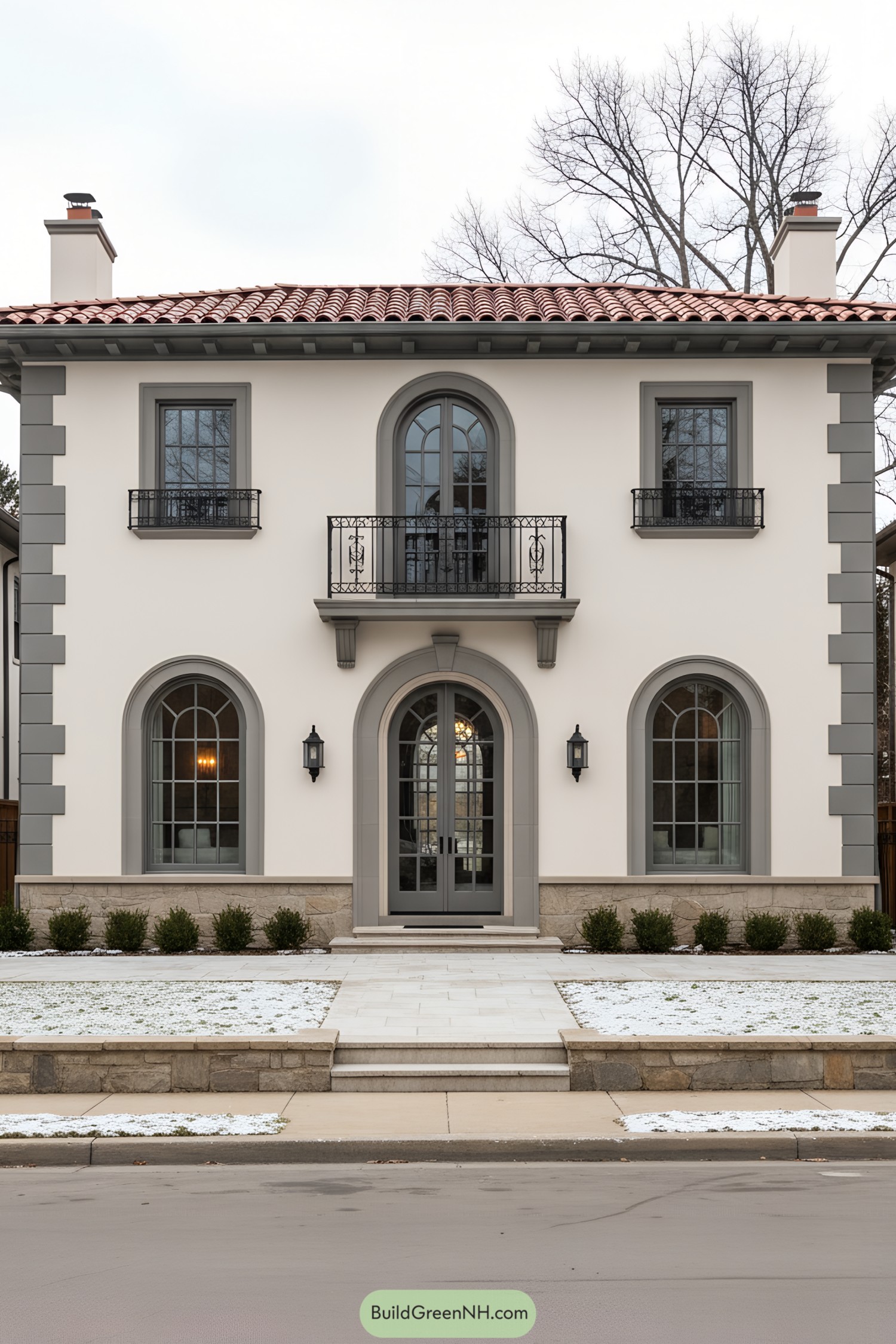 Two-story Mediterranean Revival house with arched windows, iron balconies, and red tile roof