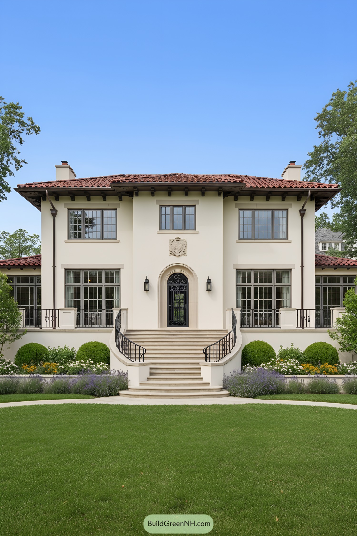 Mediterranean revival villa with red tile roof and grand stair