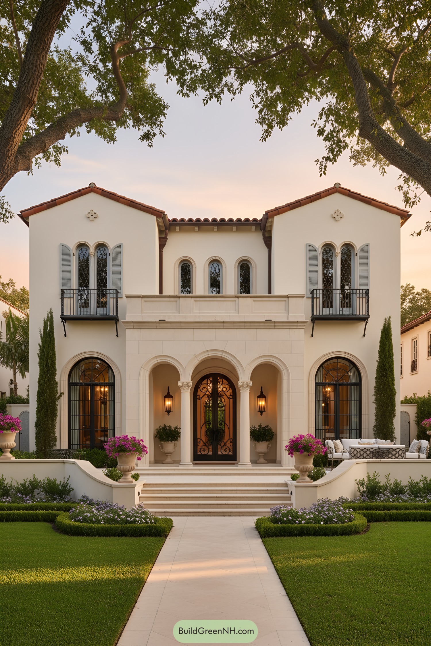 Two-story stucco Mediterranean home with arched portico, wrought-iron balconies, and terracotta roof