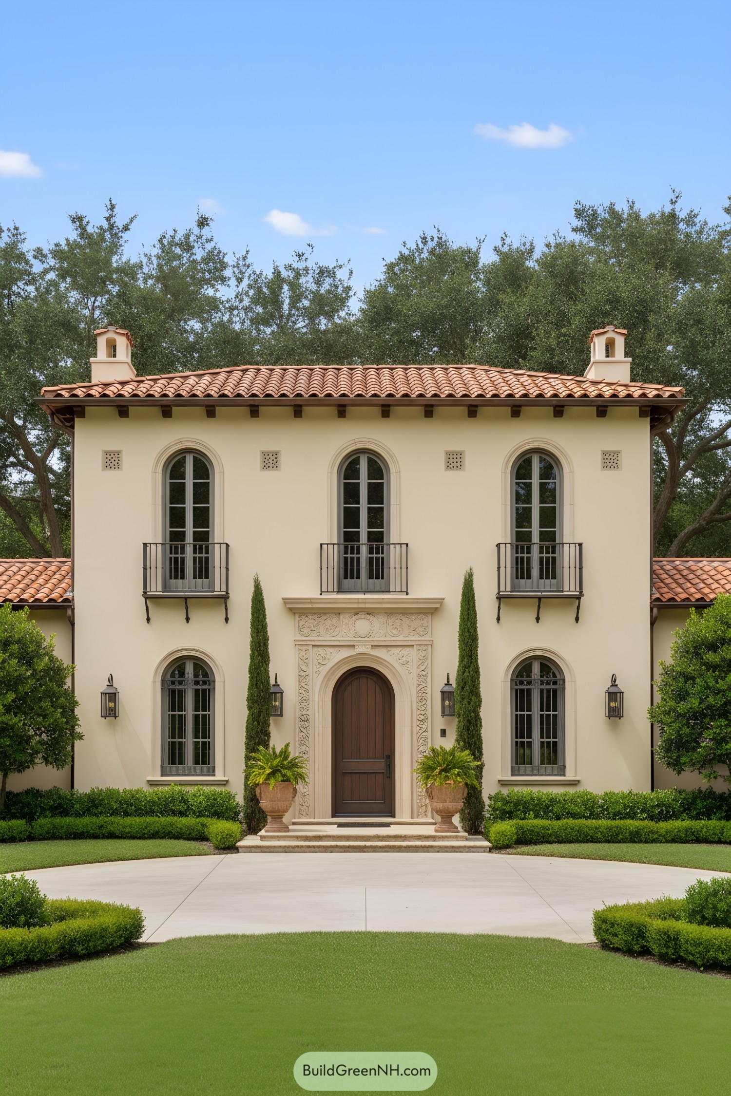 Two-story stucco Mediterranean house with arched windows, wrought-iron Juliet balconies, and a carved stone entry surrounding a dark wooden door. Low-pitch terracotta tile roof with exposed rafter tails, flanked by tall cypress and formal hedges