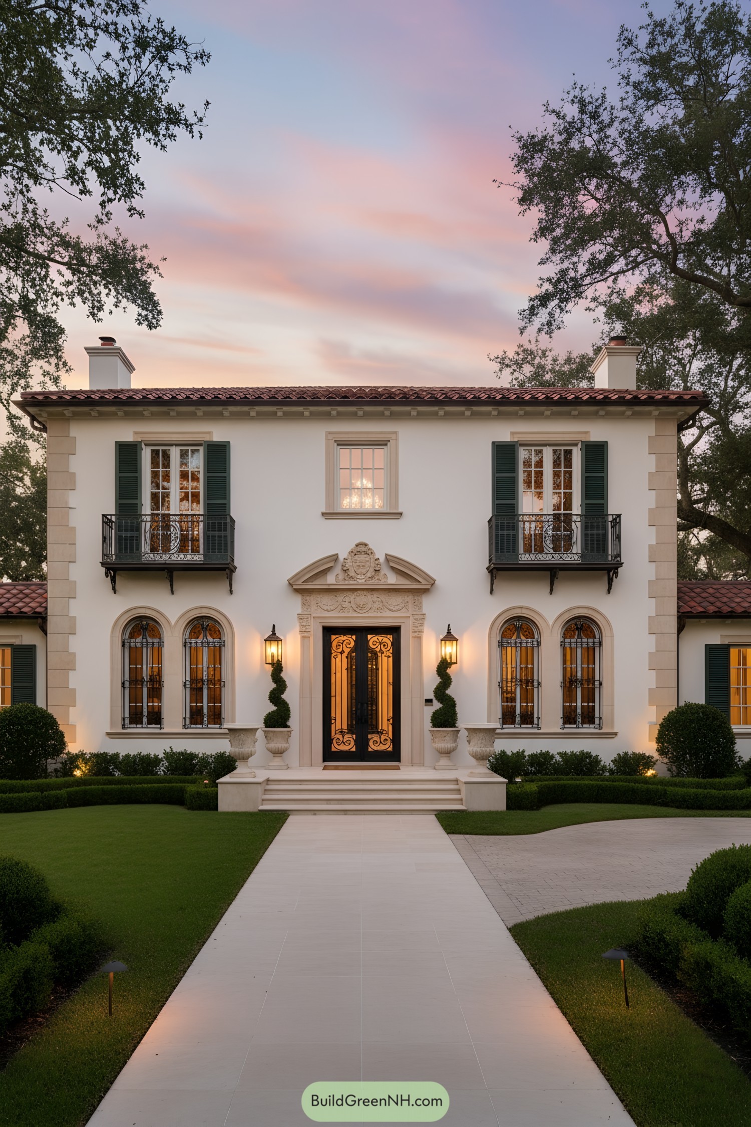 White stucco Mediterranean manor with red tile roof, arched iron-grilled windows, and symmetrical façade