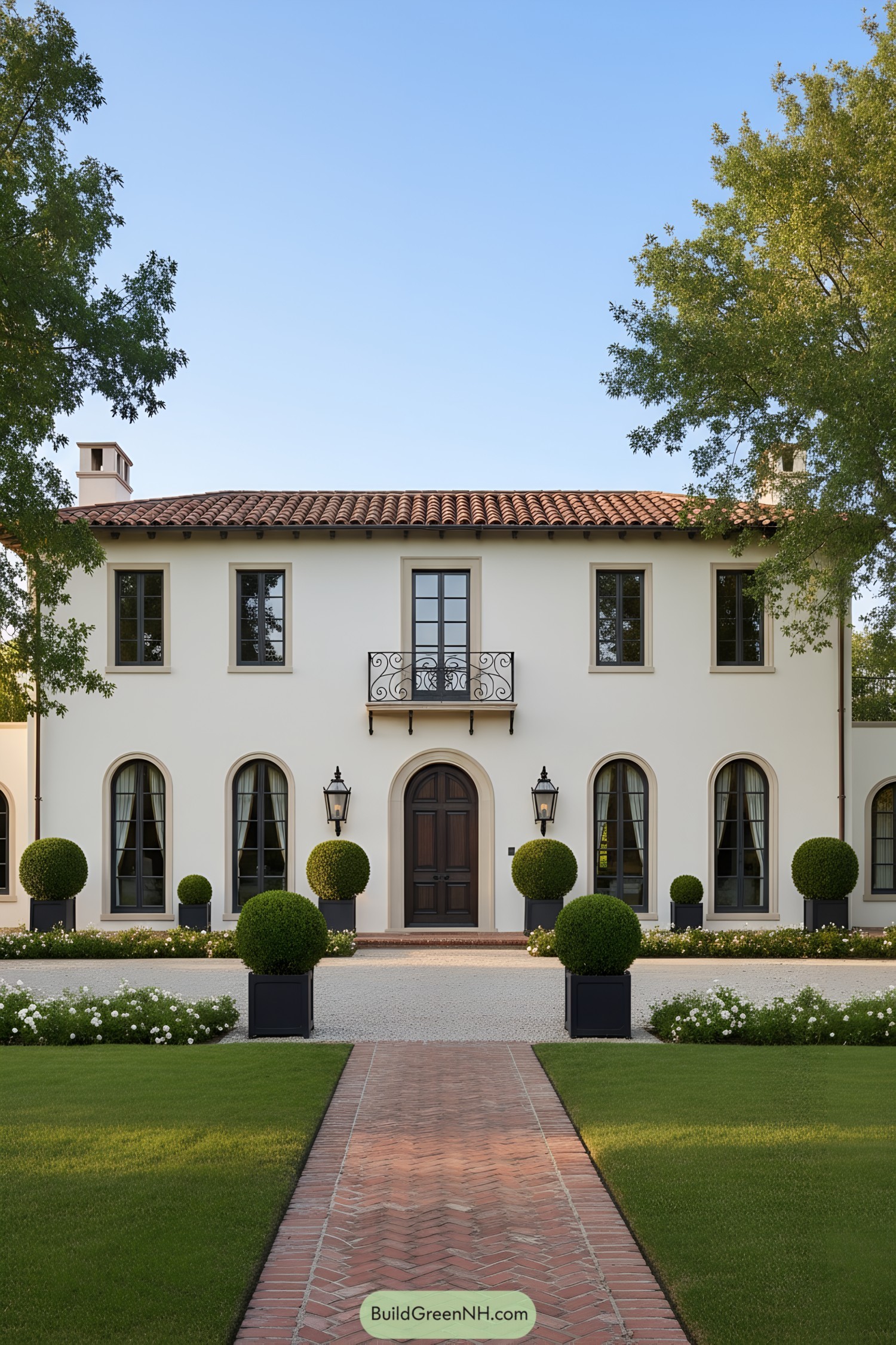Two-story stucco villa with arched windows, clay tile roof, and manicured topiary