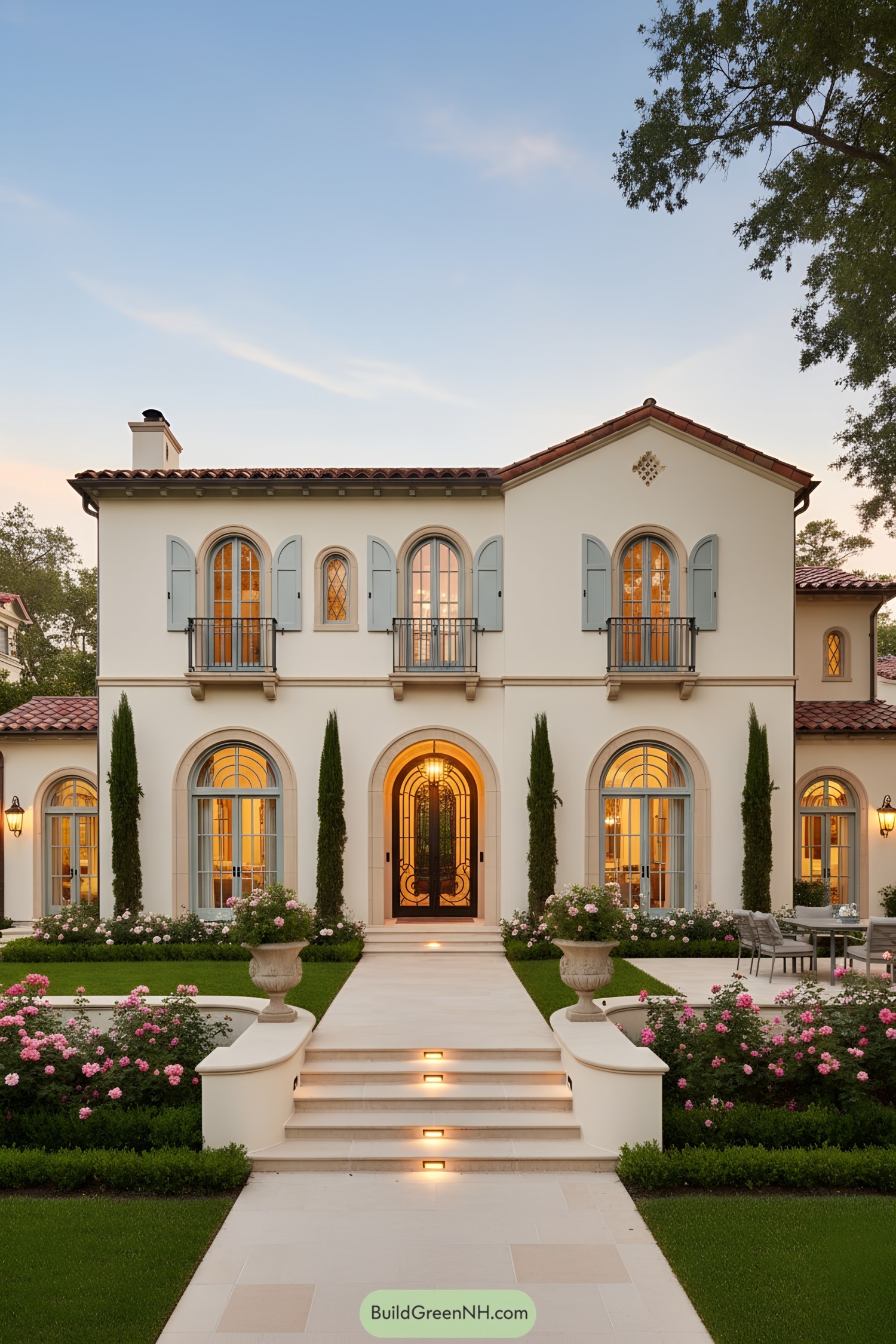 Two-story Mediterranean home with arched windows, pale blue shutters, and terracotta roof amid manicured gardens