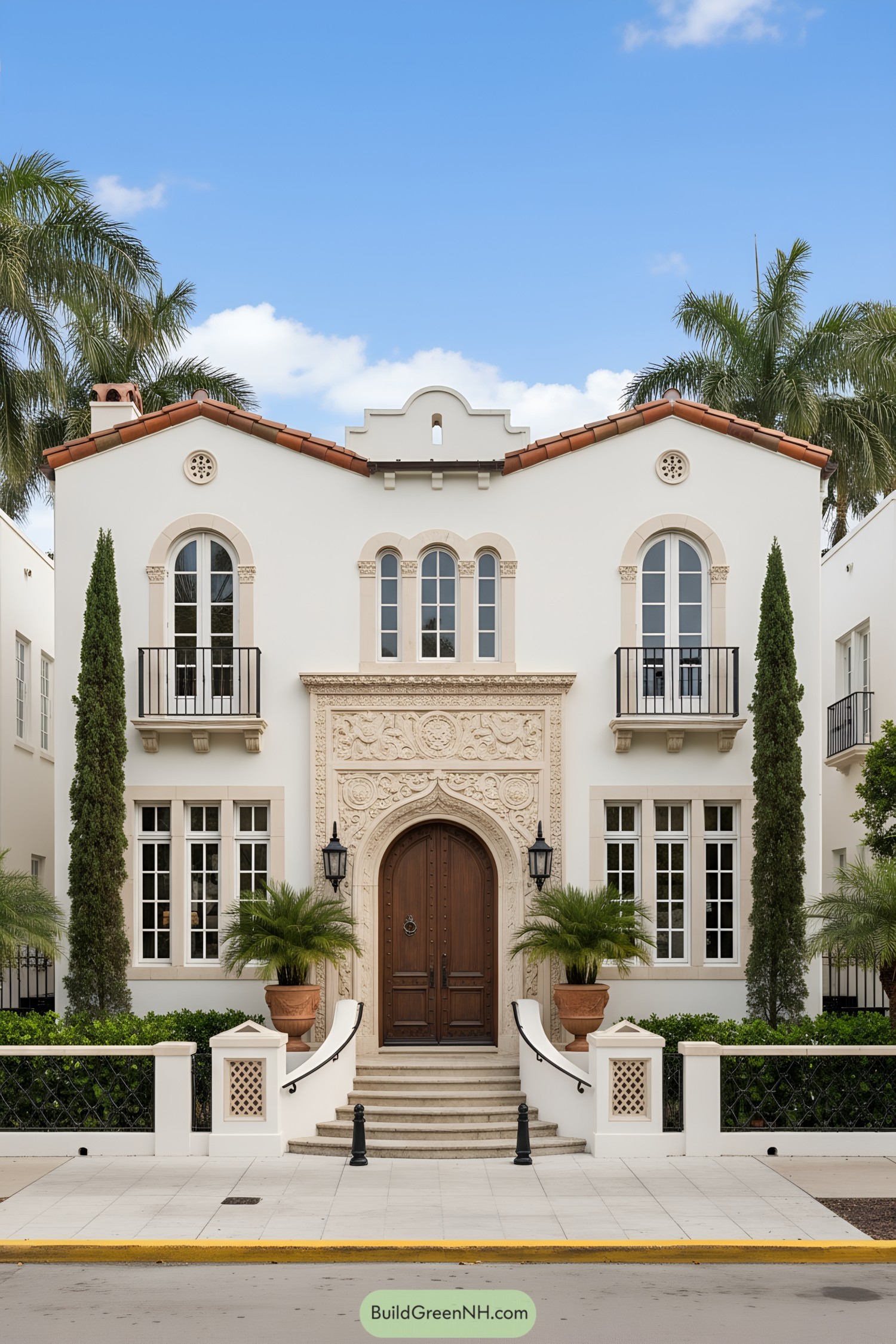 Stucco villa with carved portal and red-tile roof