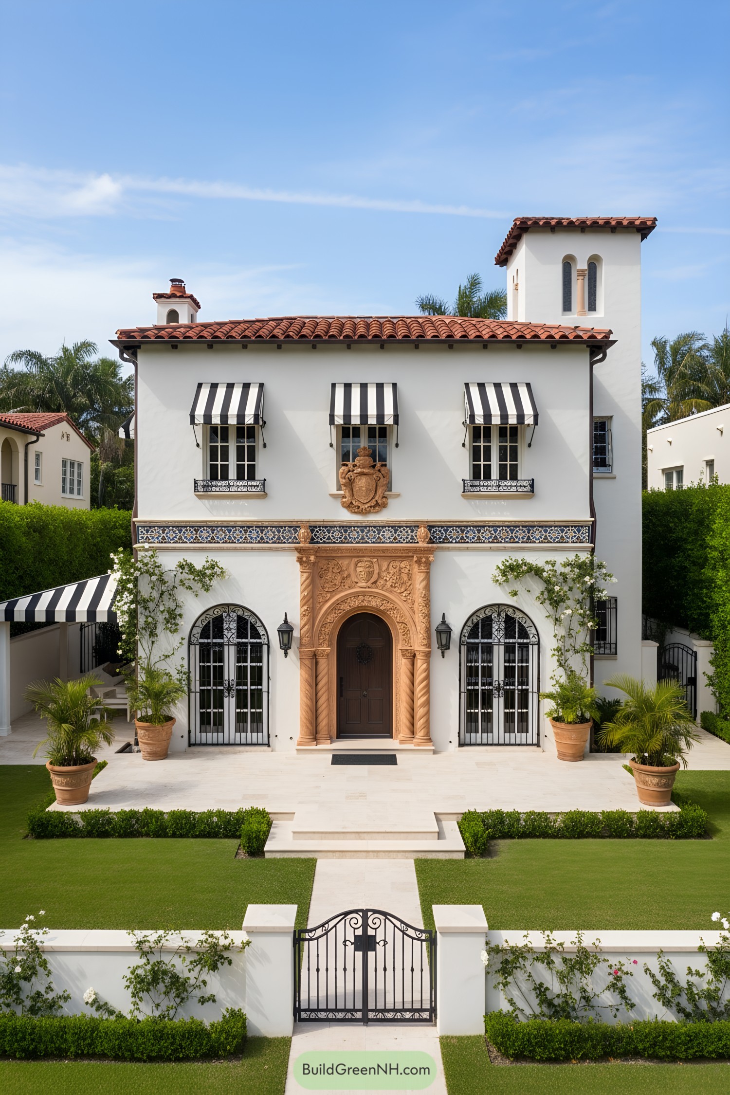 White stucco villa with terracotta roof, striped awnings, arched ironwork, and ornate carved entry