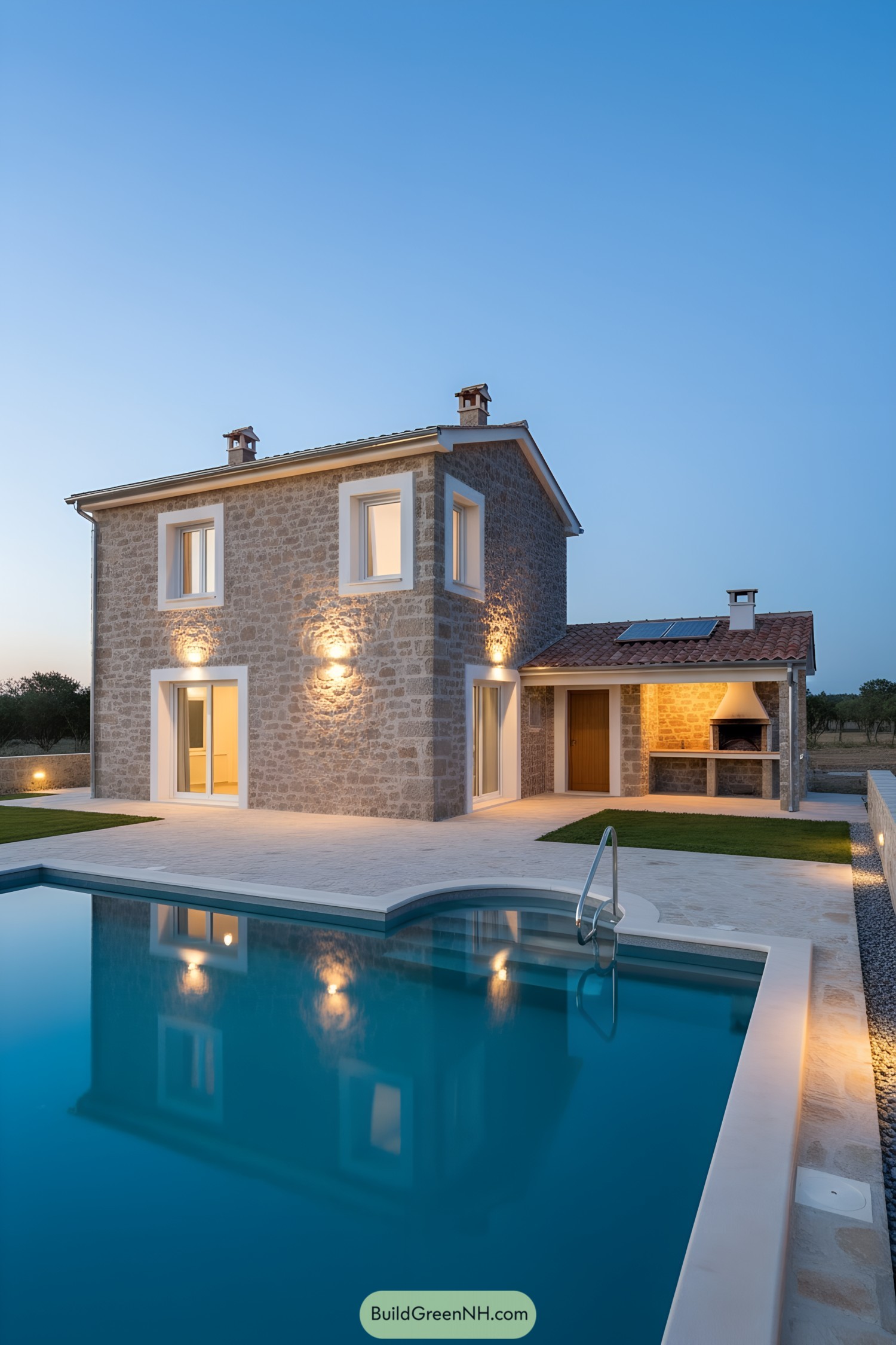 Two-story stone house with pool at dusk