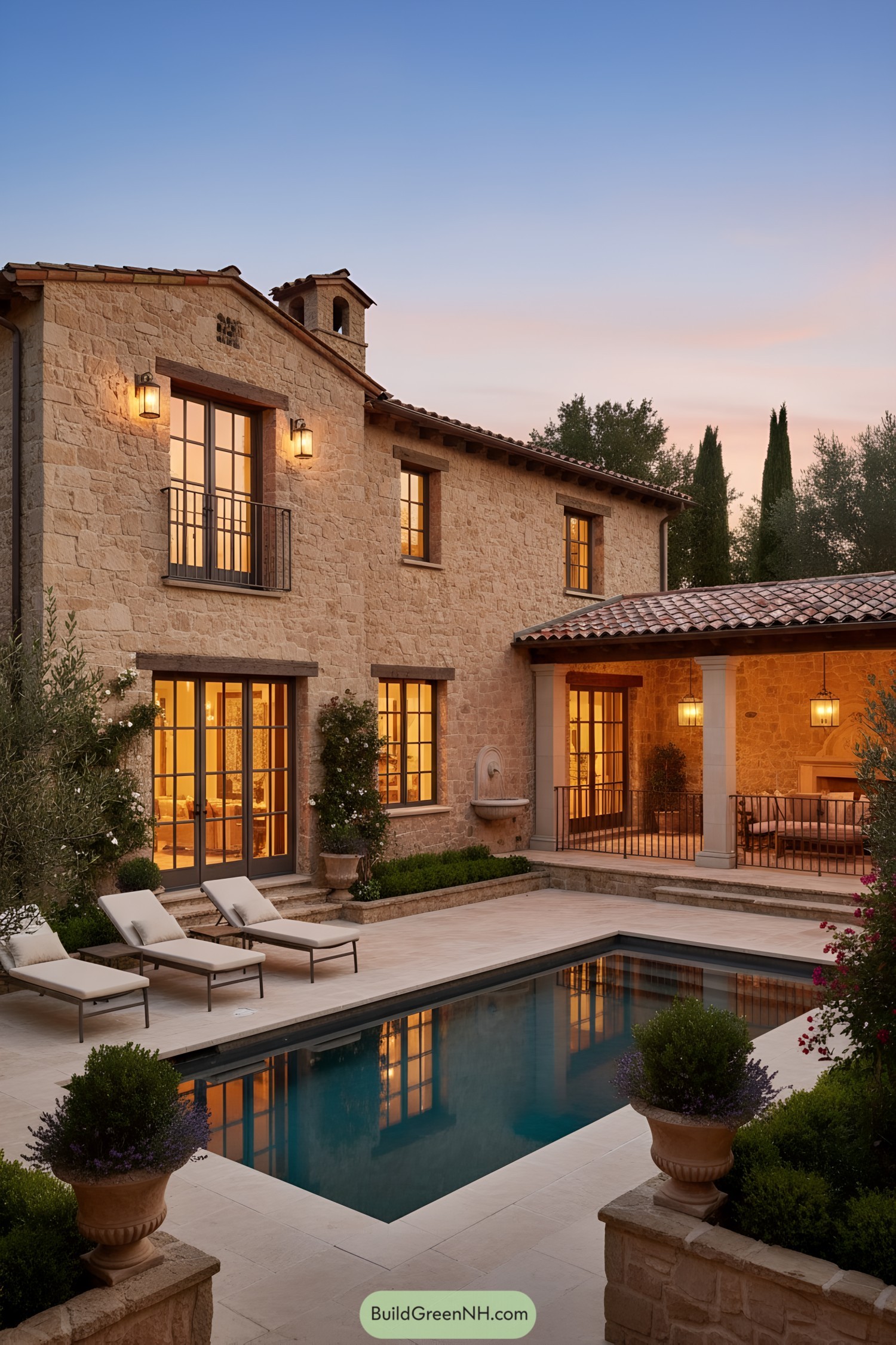 Mediterranean stone villa with pool courtyard at dusk