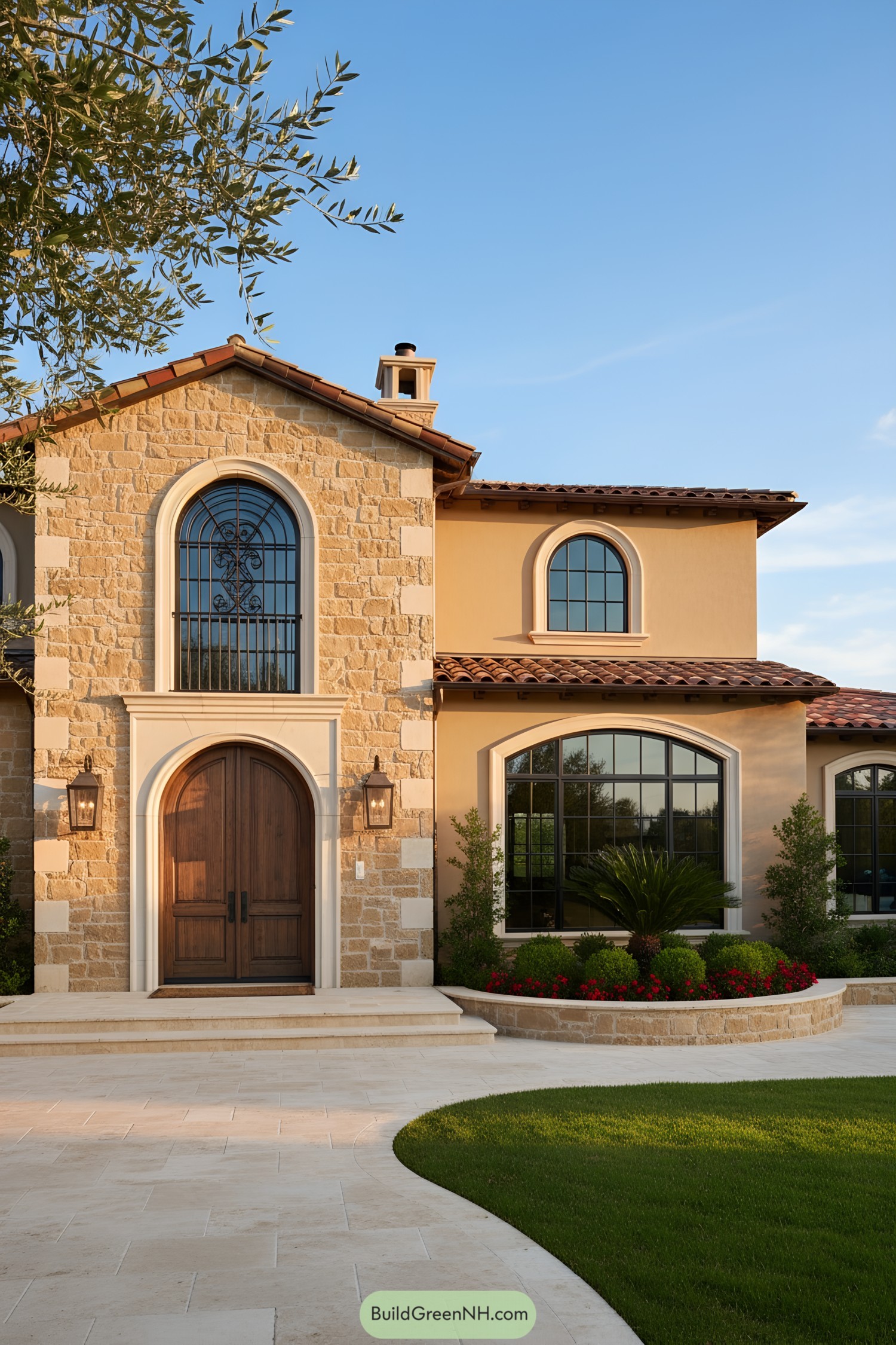 Mediterranean stone house with arched windows and terracotta roof