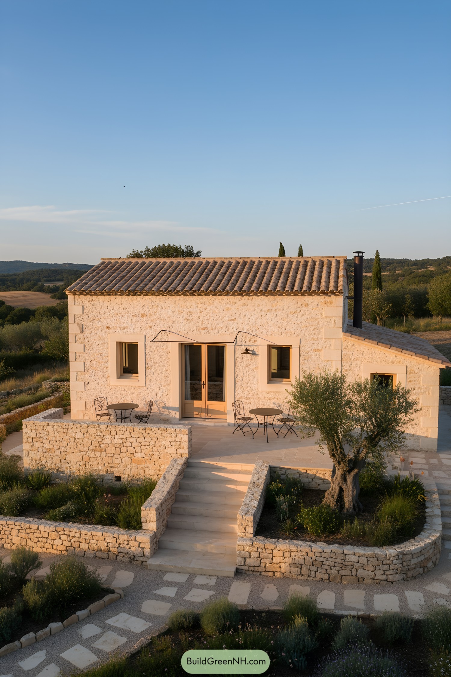 Stone cottage with terraced patio and olive tree