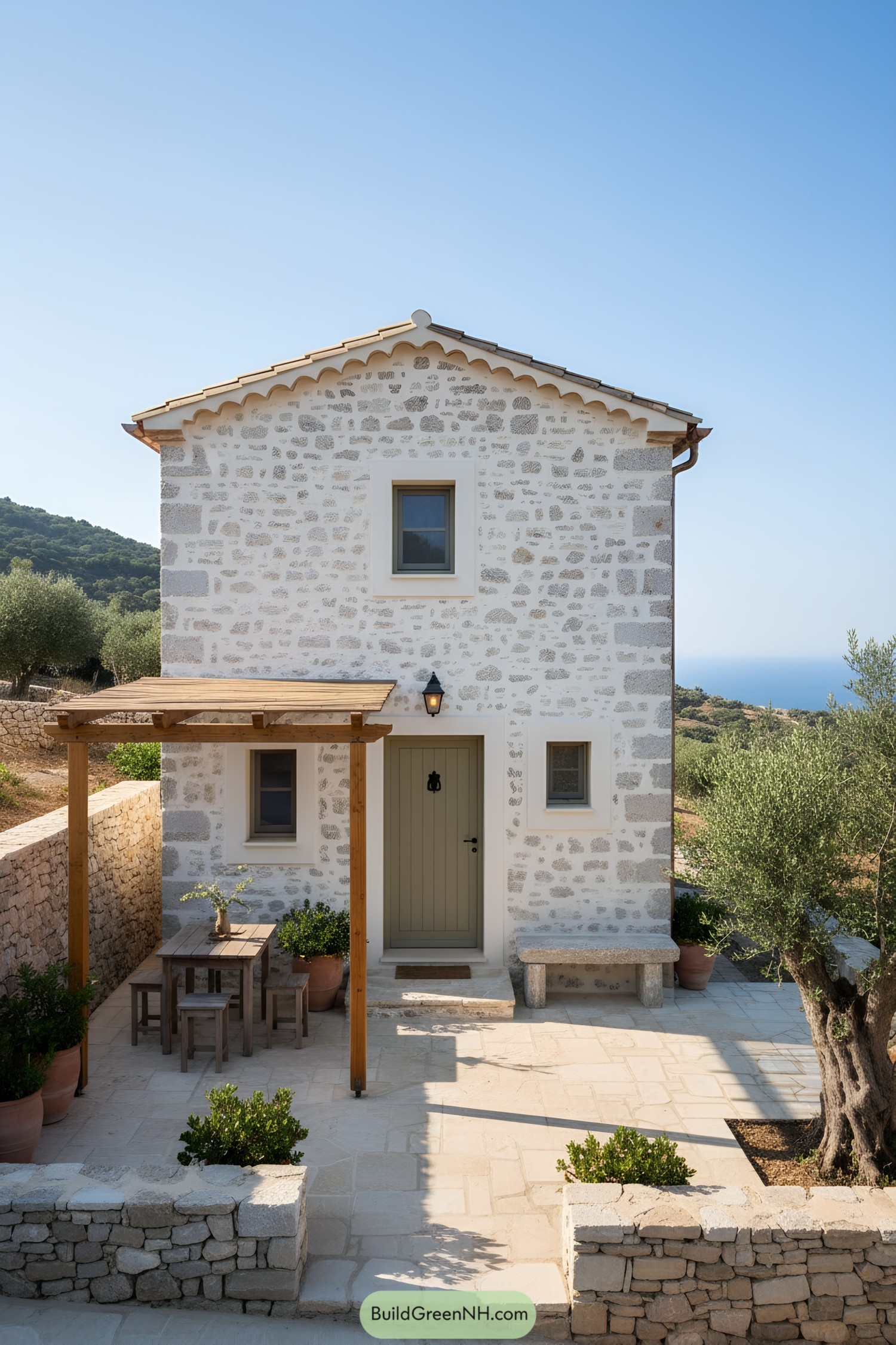 Small stone house with pergola patio