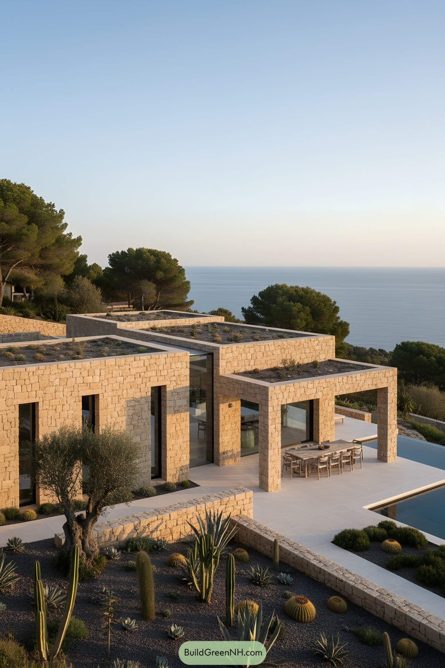 Modern limestone villa with terraces and sea view