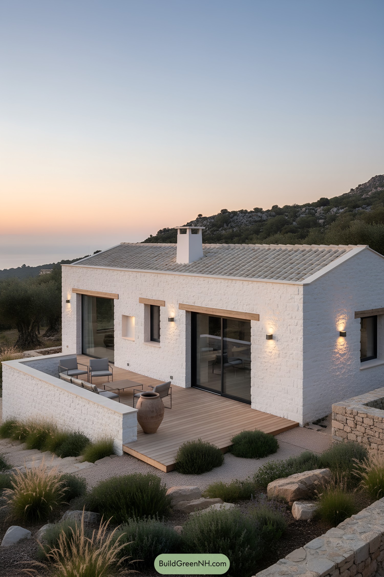 Minimalist white-stone house with timber-deck terrace at sunset