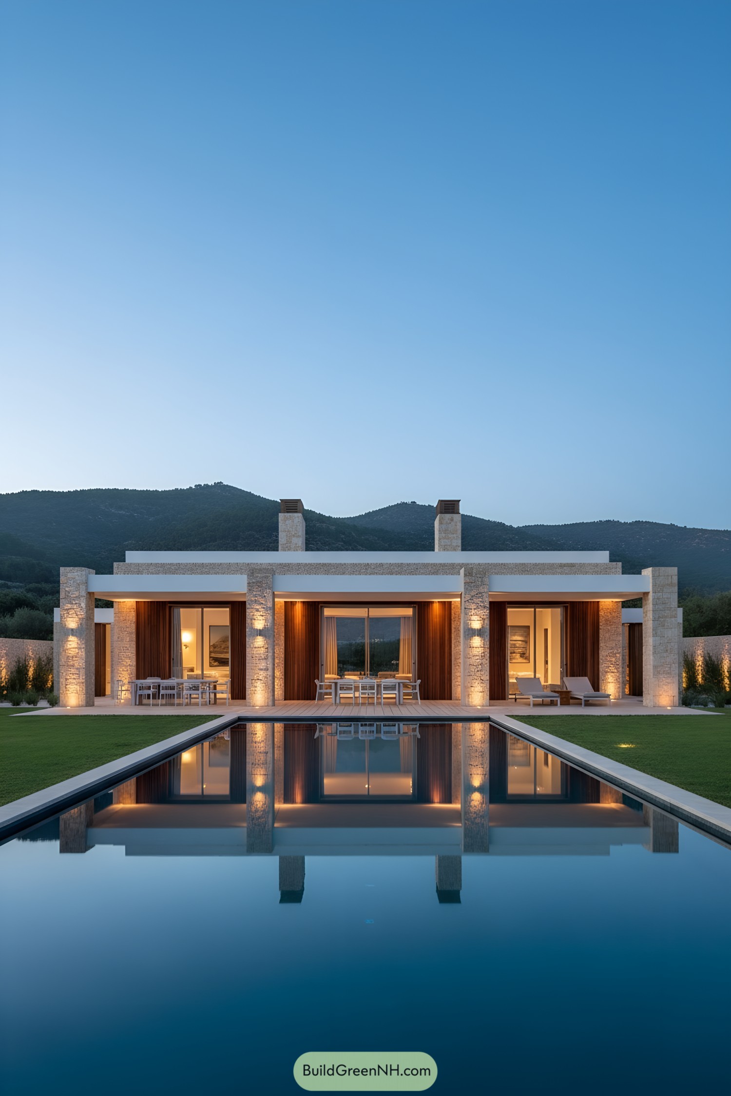 Modern stone villa with pool at dusk