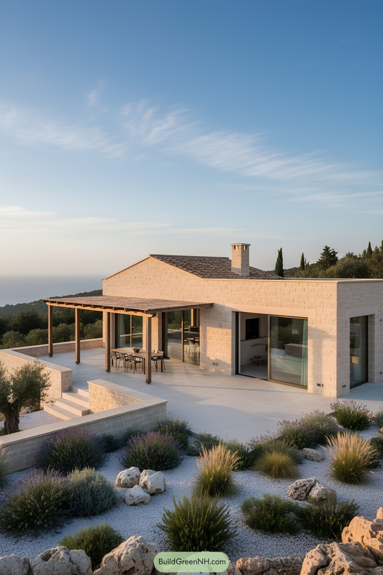 Modern stone villa with shaded pergola