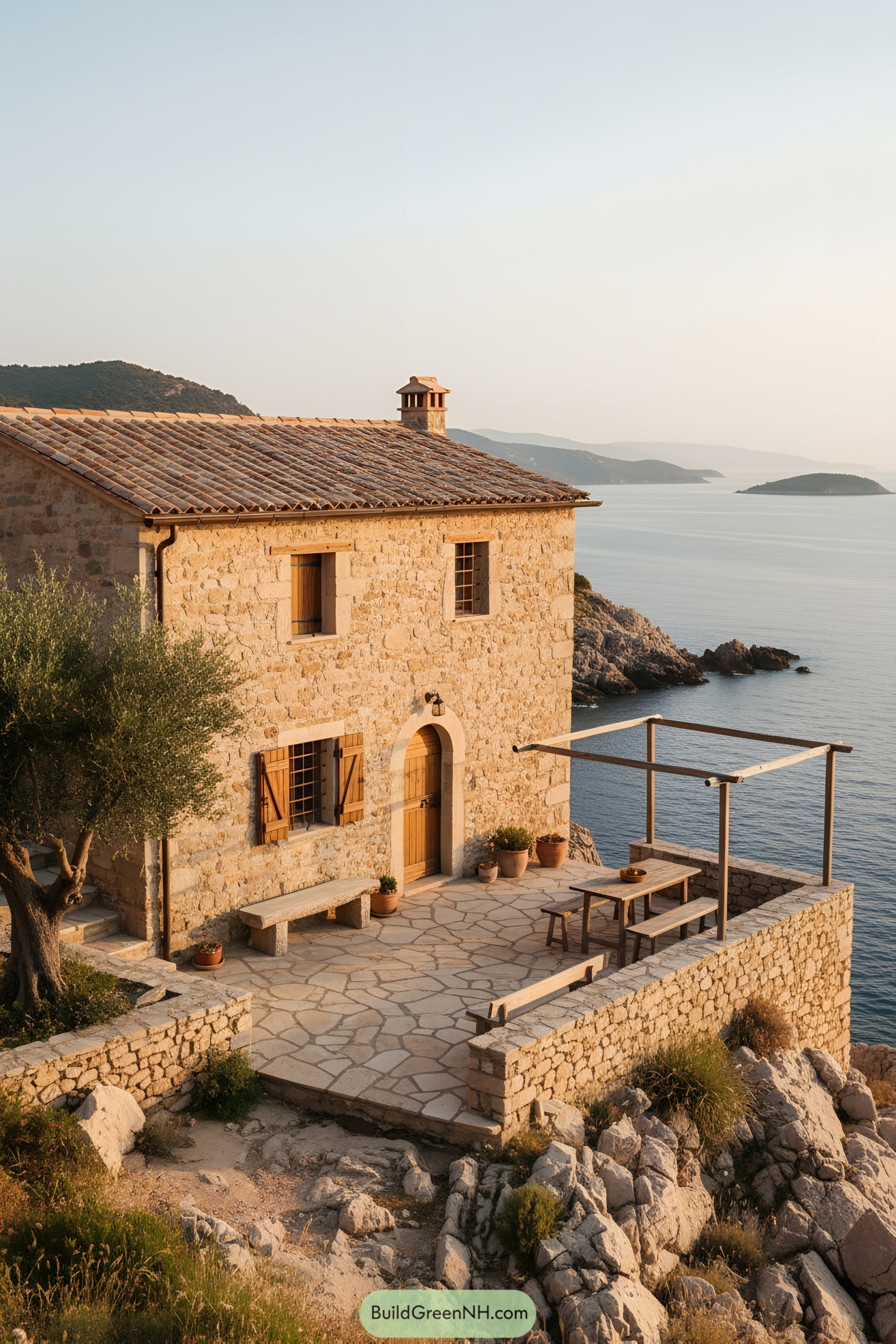 Stone cottage with seaview terrace and pergola
