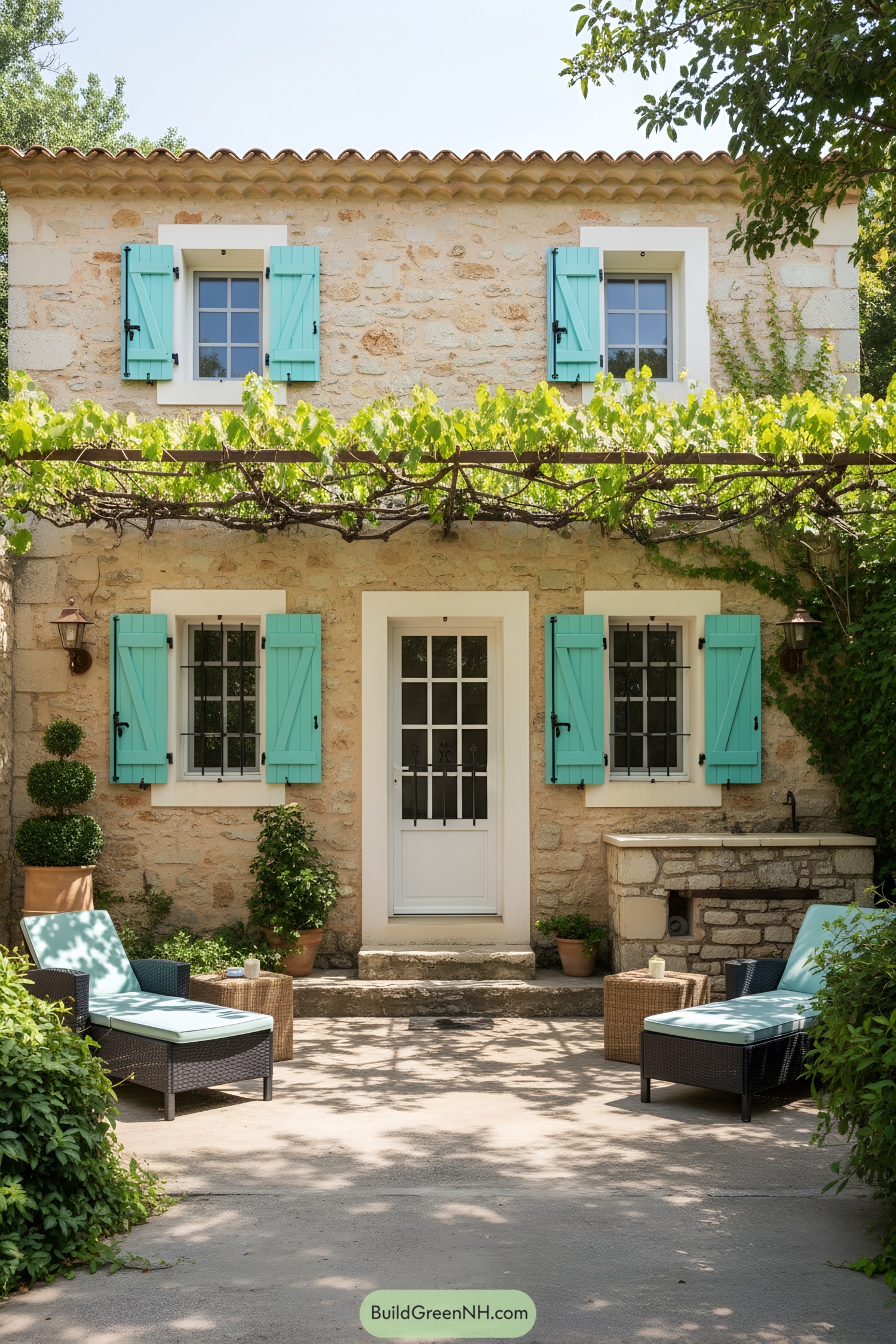 Stone cottage with teal shutters and vine pergola