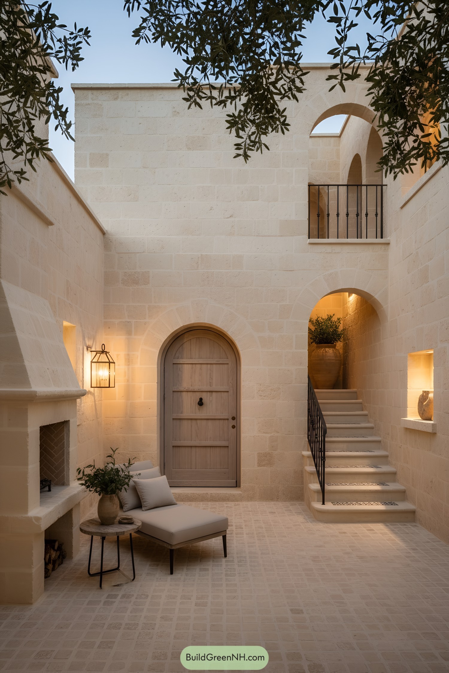 Stone courtyard with arches, stair, and lounge