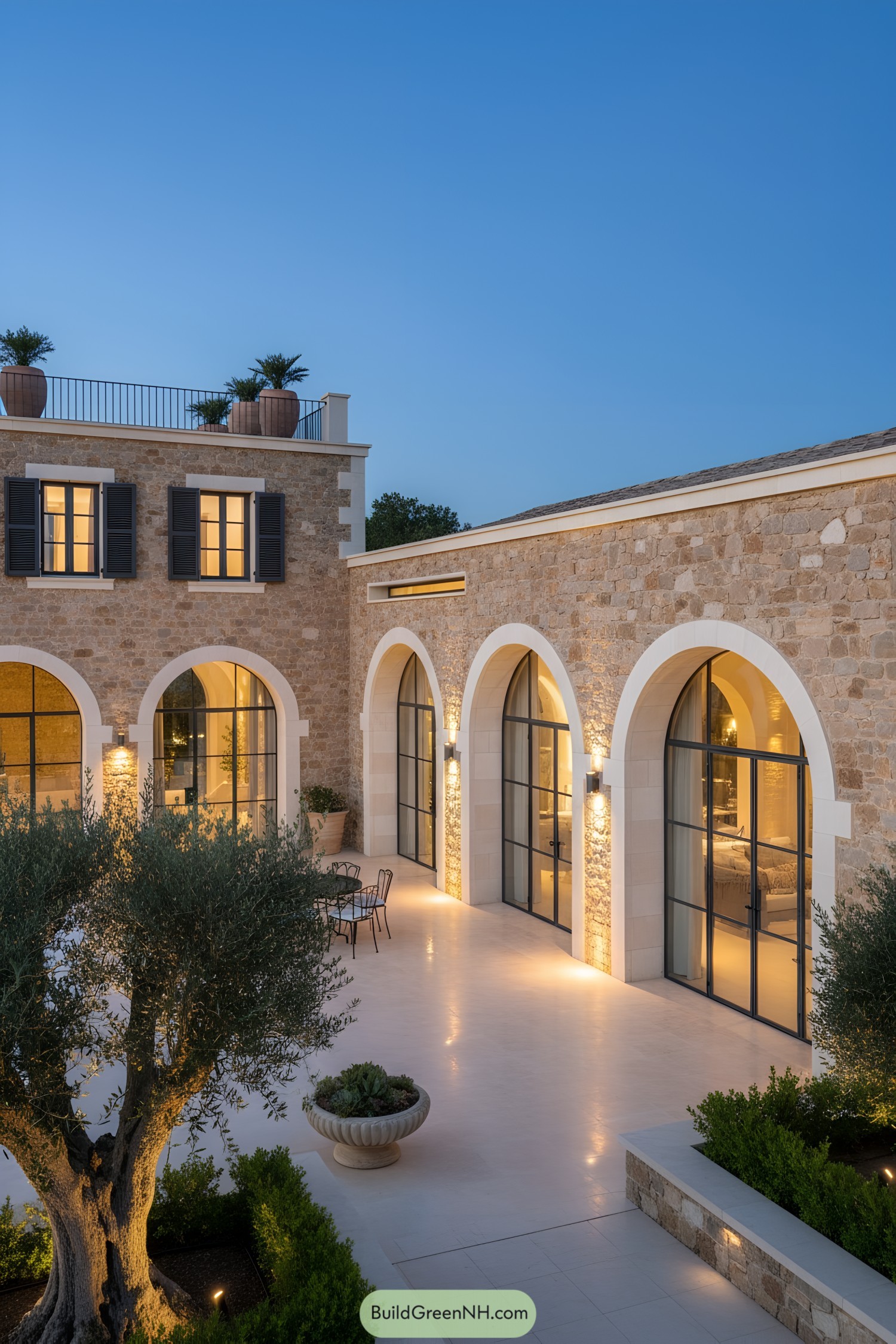 Mediterranean stone villa with tall arched windows and softly lit courtyard
