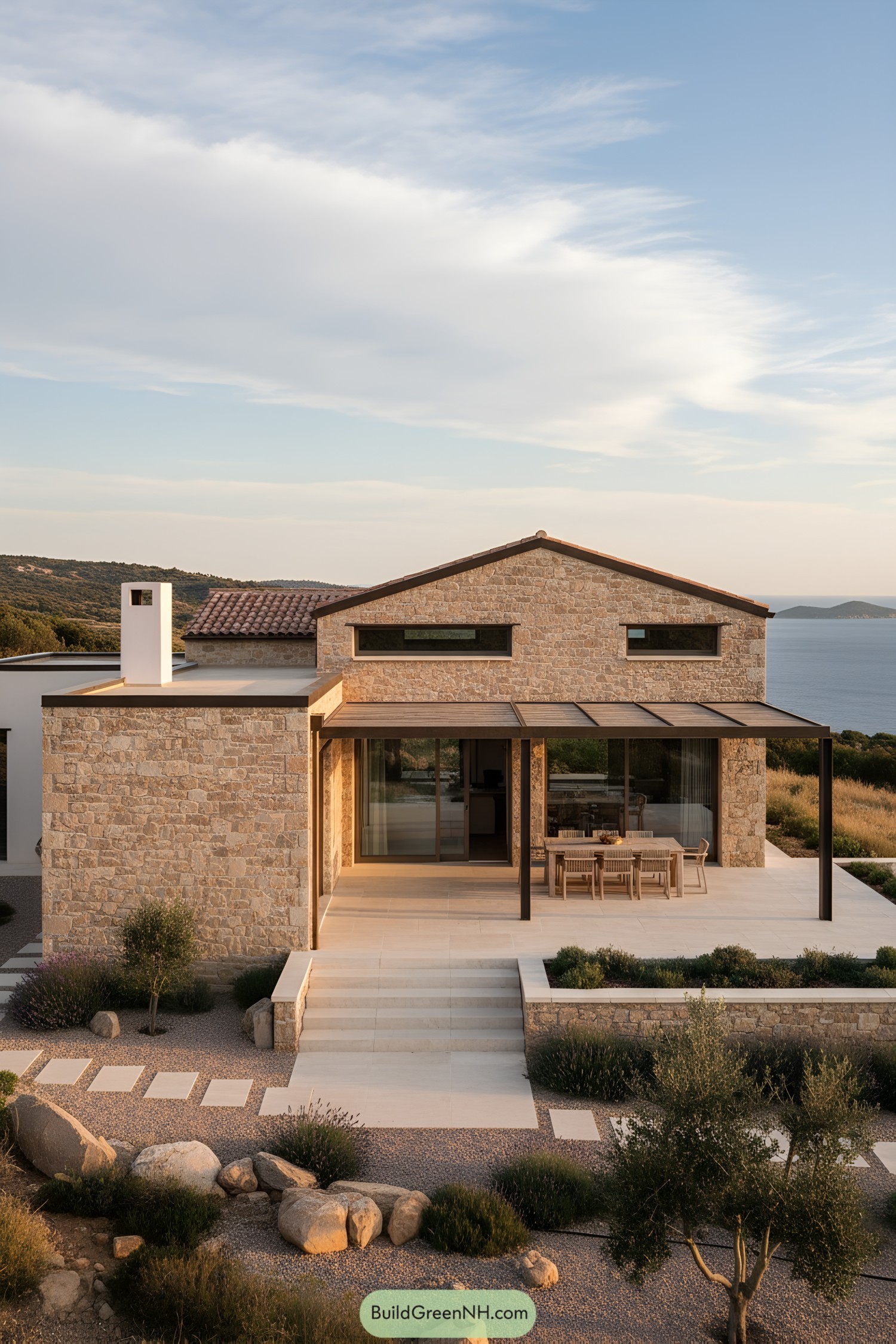 Stone villa with shaded terrace and sea view