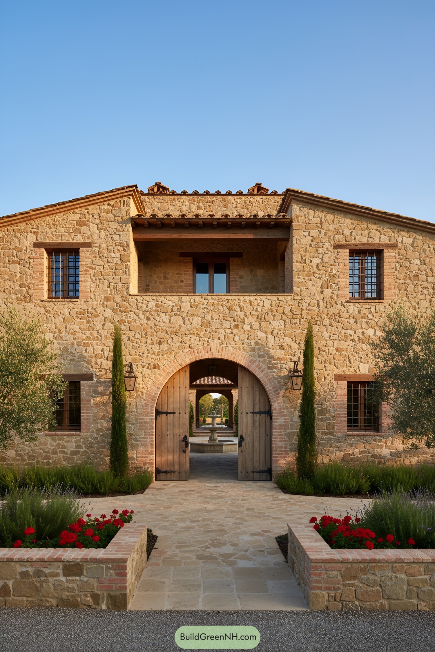 Stone villa with arched entry and courtyard fountain