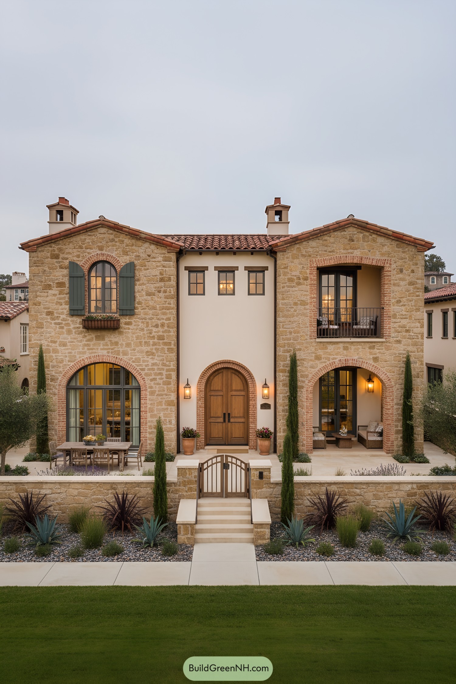 Mediterranean stone house with arched entries