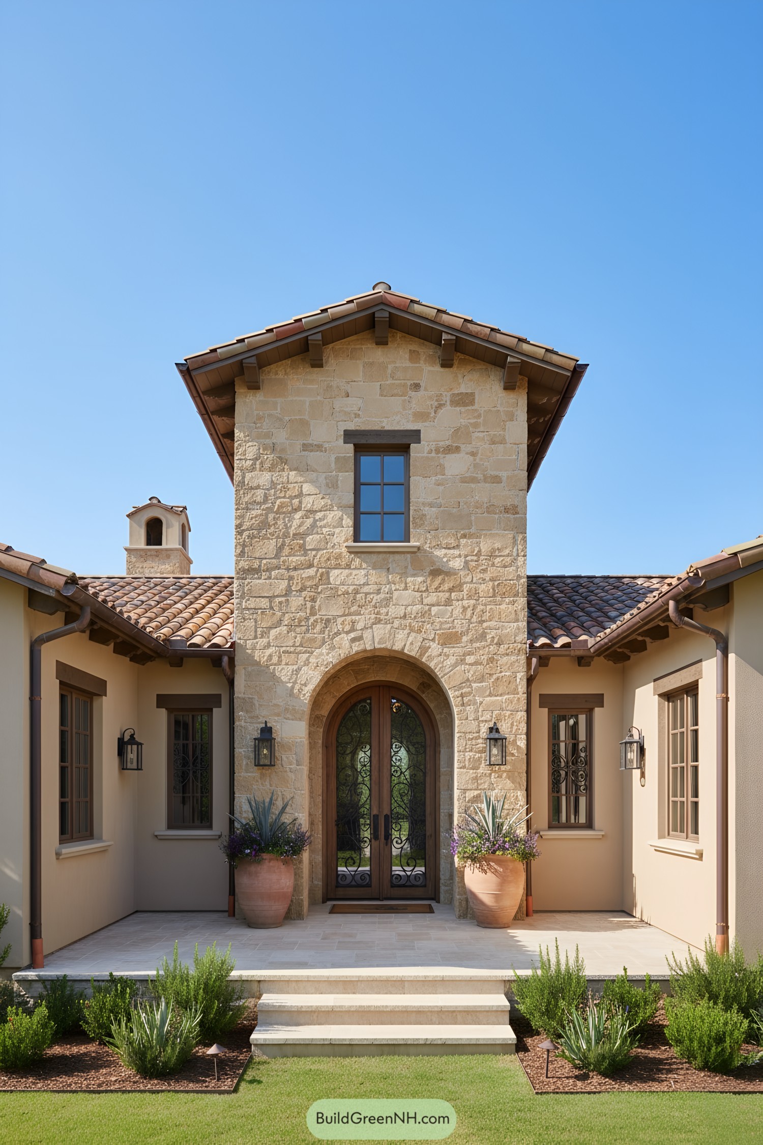 Mediterranean stone entry with arched doorway and terracotta roof