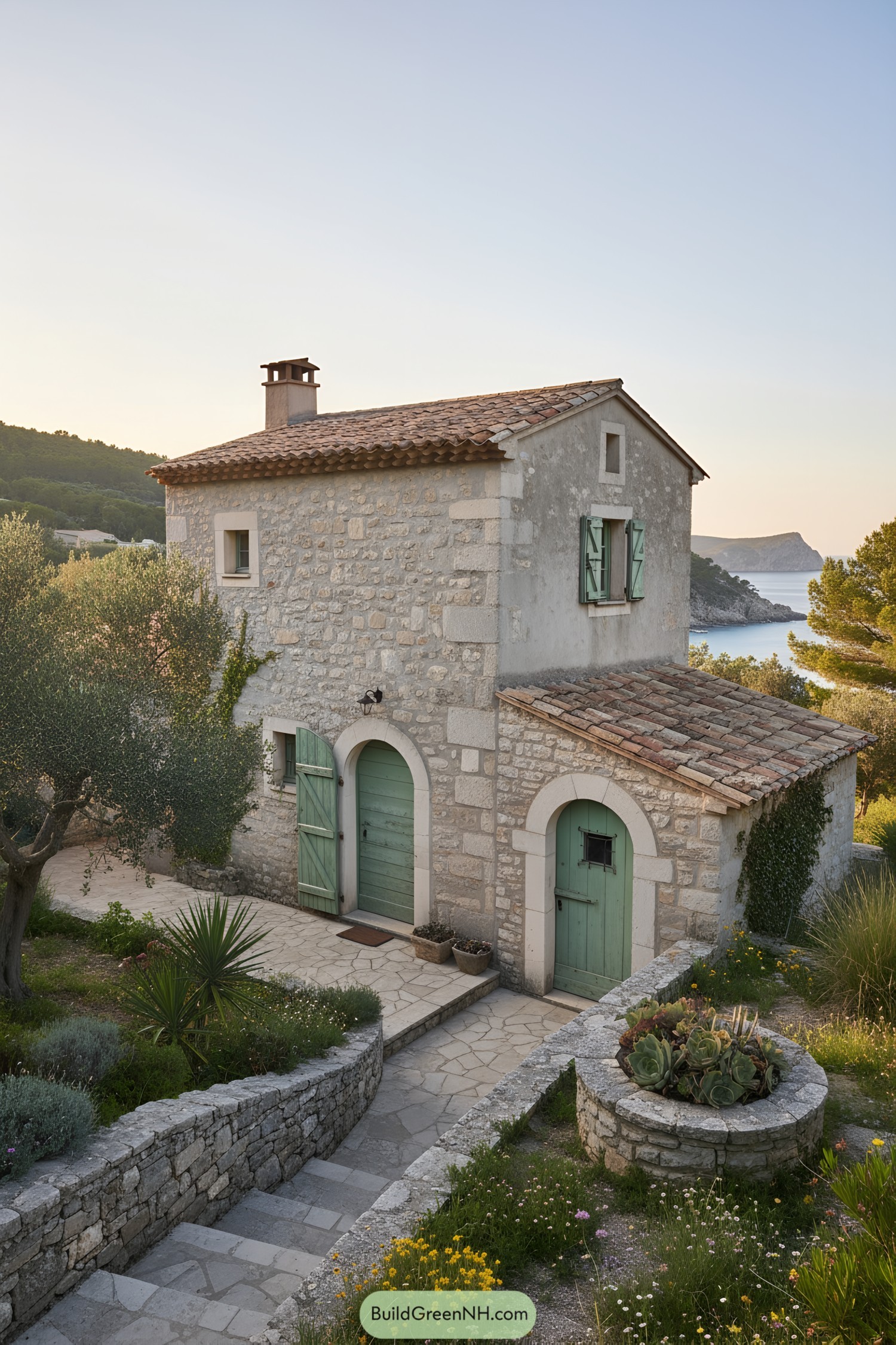 Small stone cottage with mint-green shutters by the sea at sunset