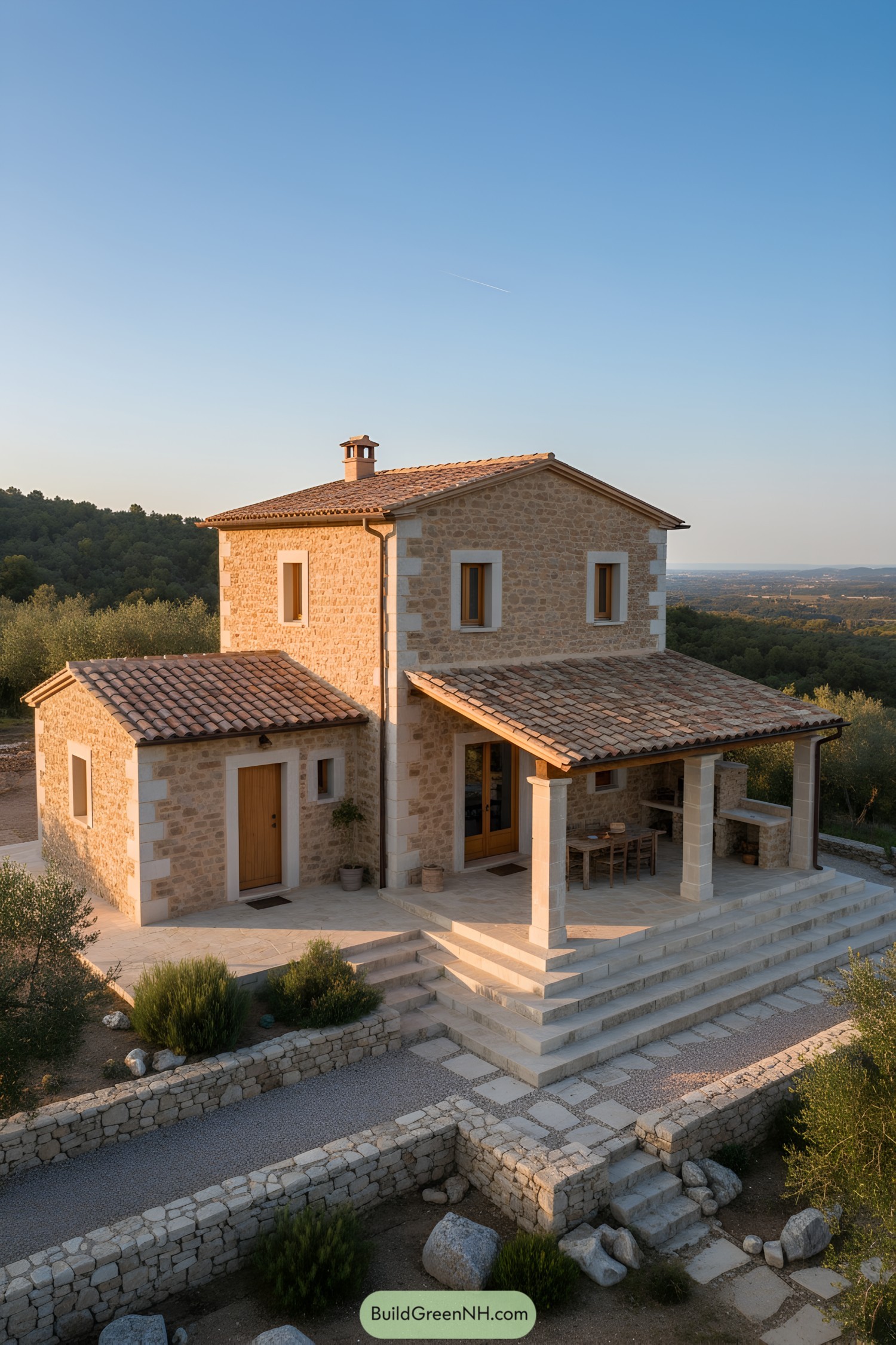 Two-story stone house with terracotta roof and broad porch steps