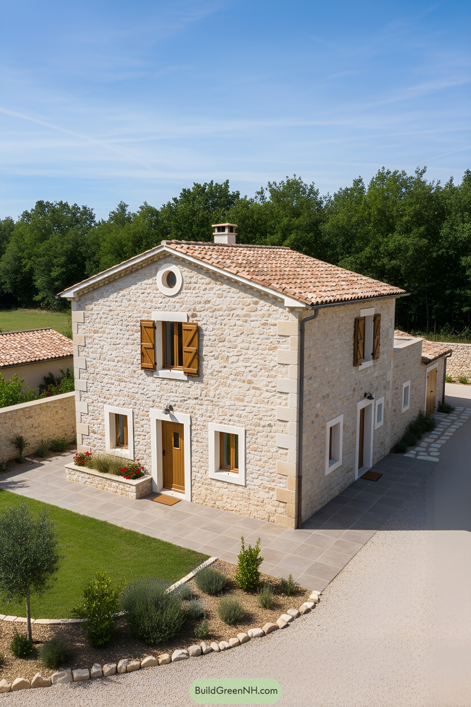 Two-story stone house with terracotta roof and wood shutters