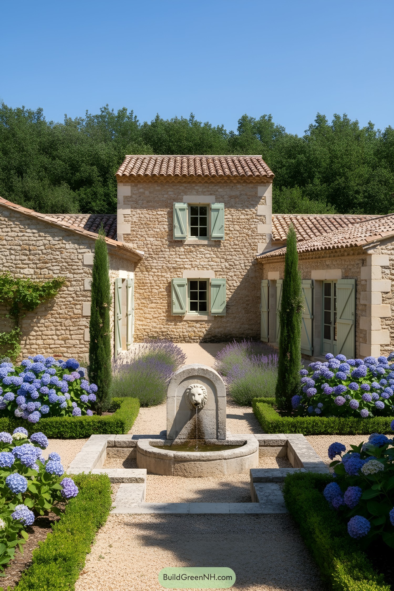 Stone courtyard with lion-head fountain, lavender, and sage shutters