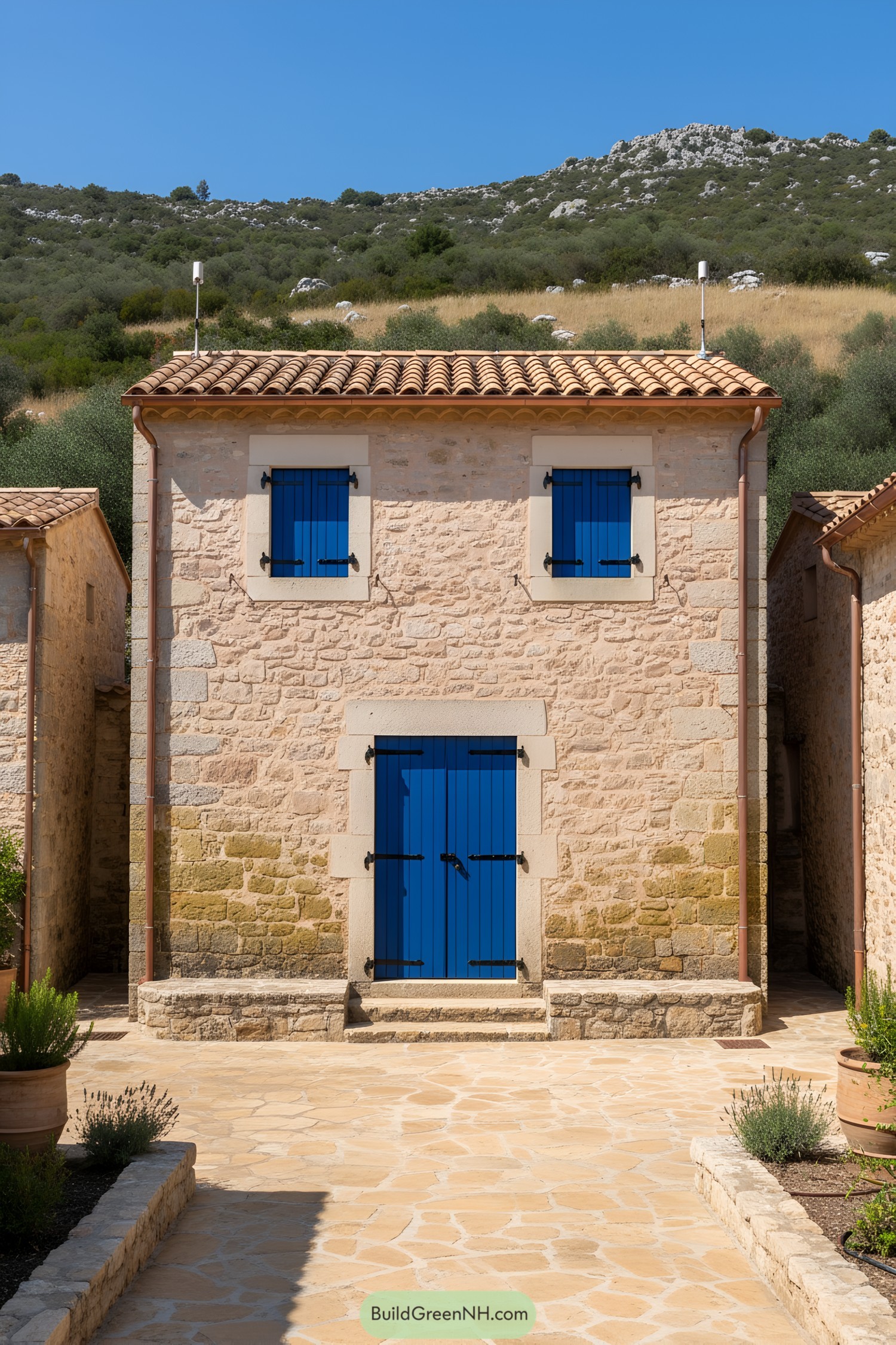 Small stone house with blue shutters and door; terracotta roof; hillside backdrop