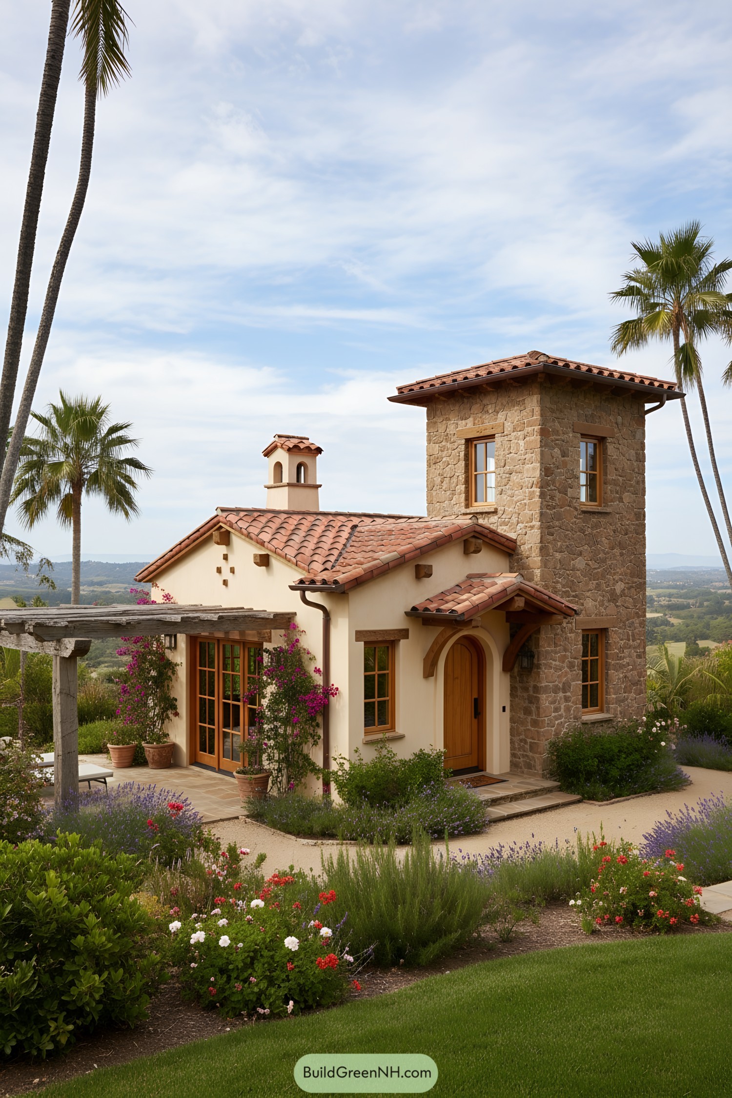 Stone-tower tiny house with terracotta roof