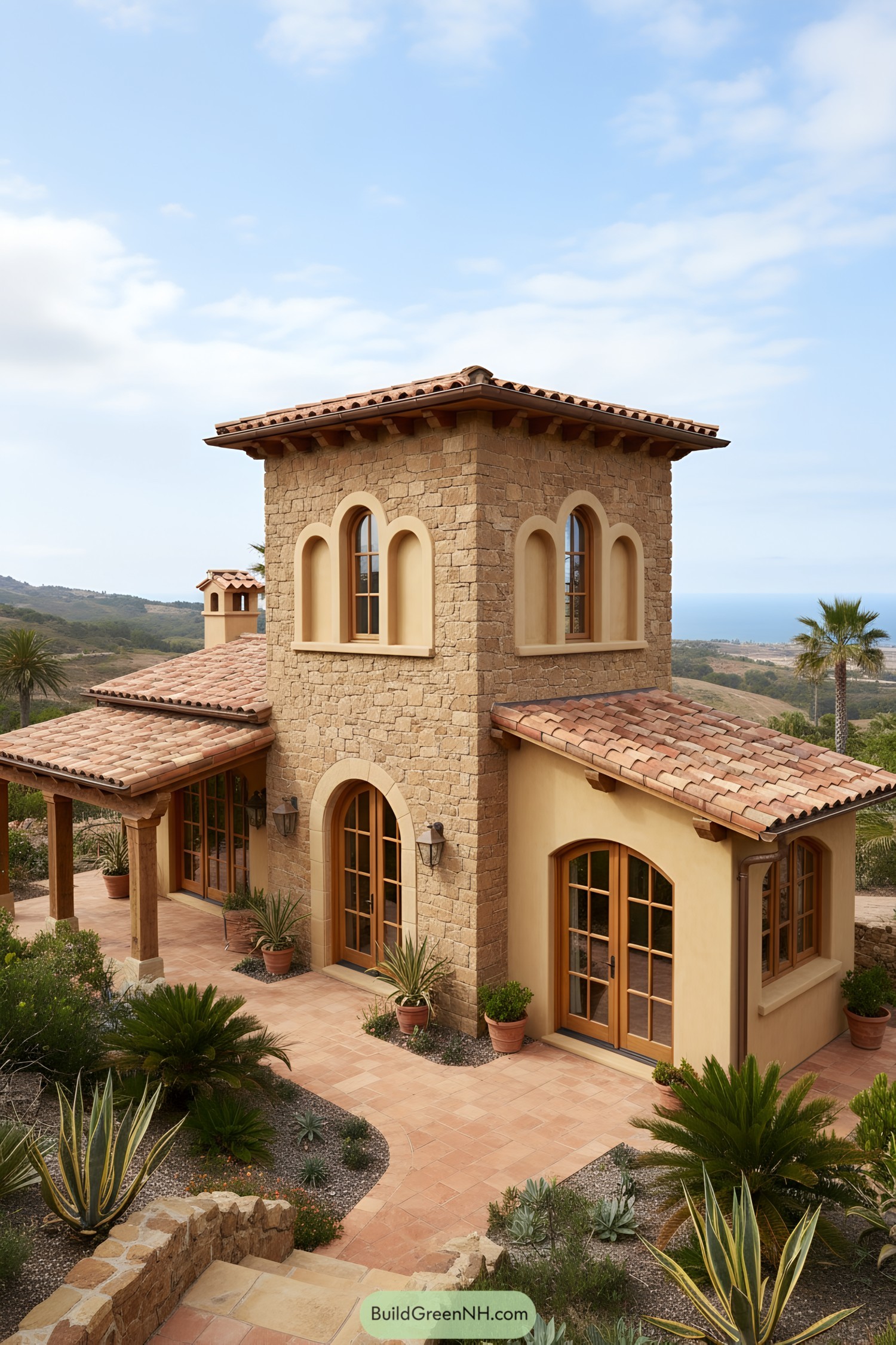 Mediterranean tiny house with stone tower, arched windows, and terra-cotta roof